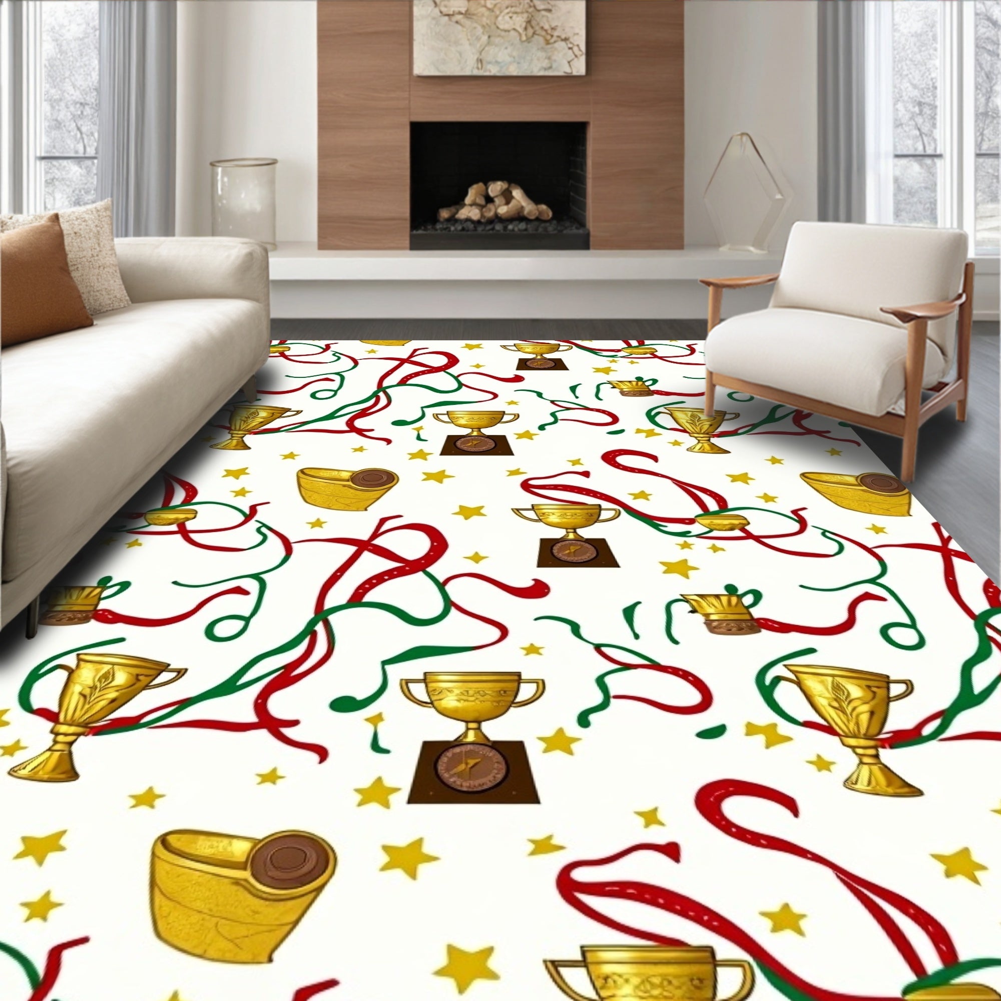 Golden Trophies Red Green Streamers Stars Rug