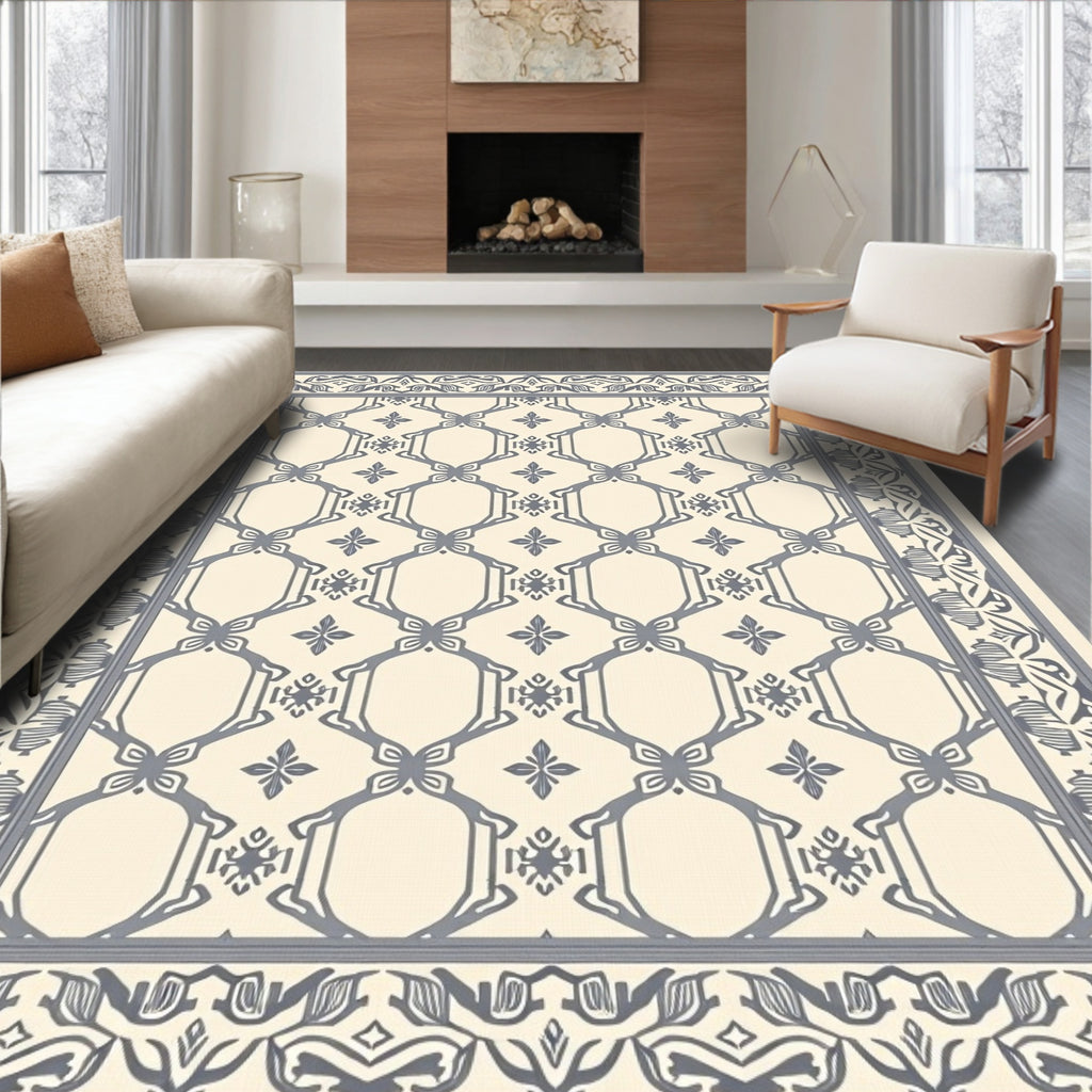 Cream Gray Ornate Lattice Border Rug