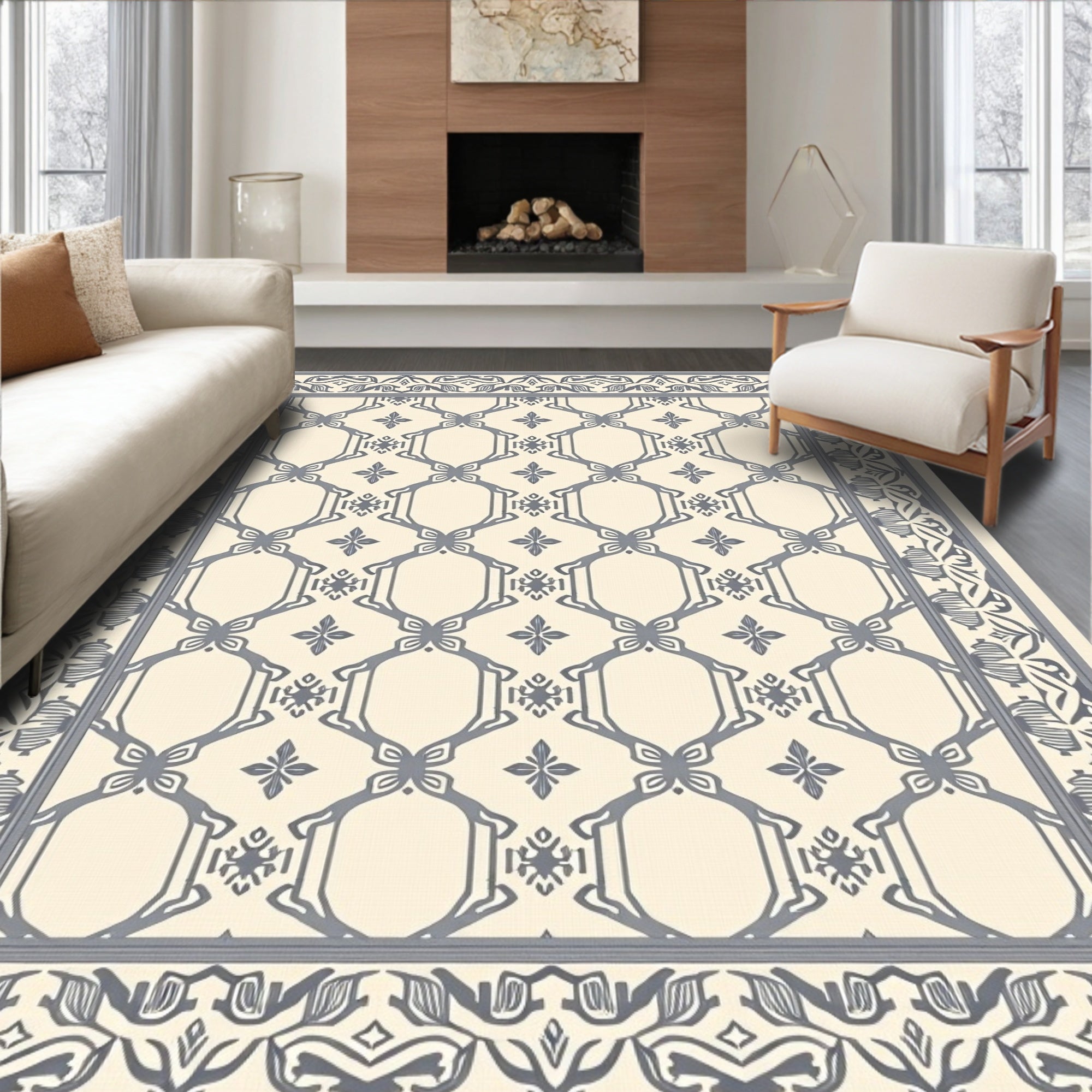 Cream Gray Ornate Lattice Border Rug