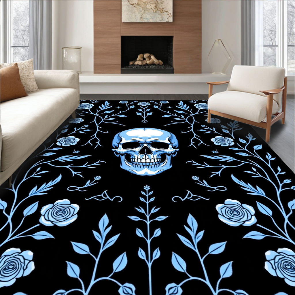 Light Blue Skull Floral Vine Rug