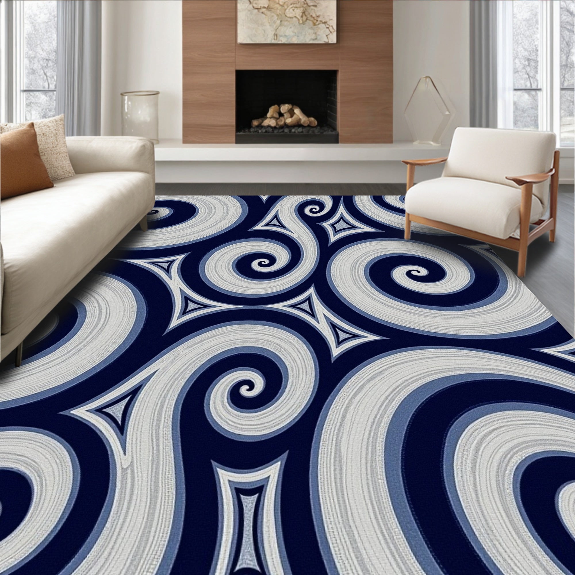 Navy Blue Swirling Abstract Spirals Rug