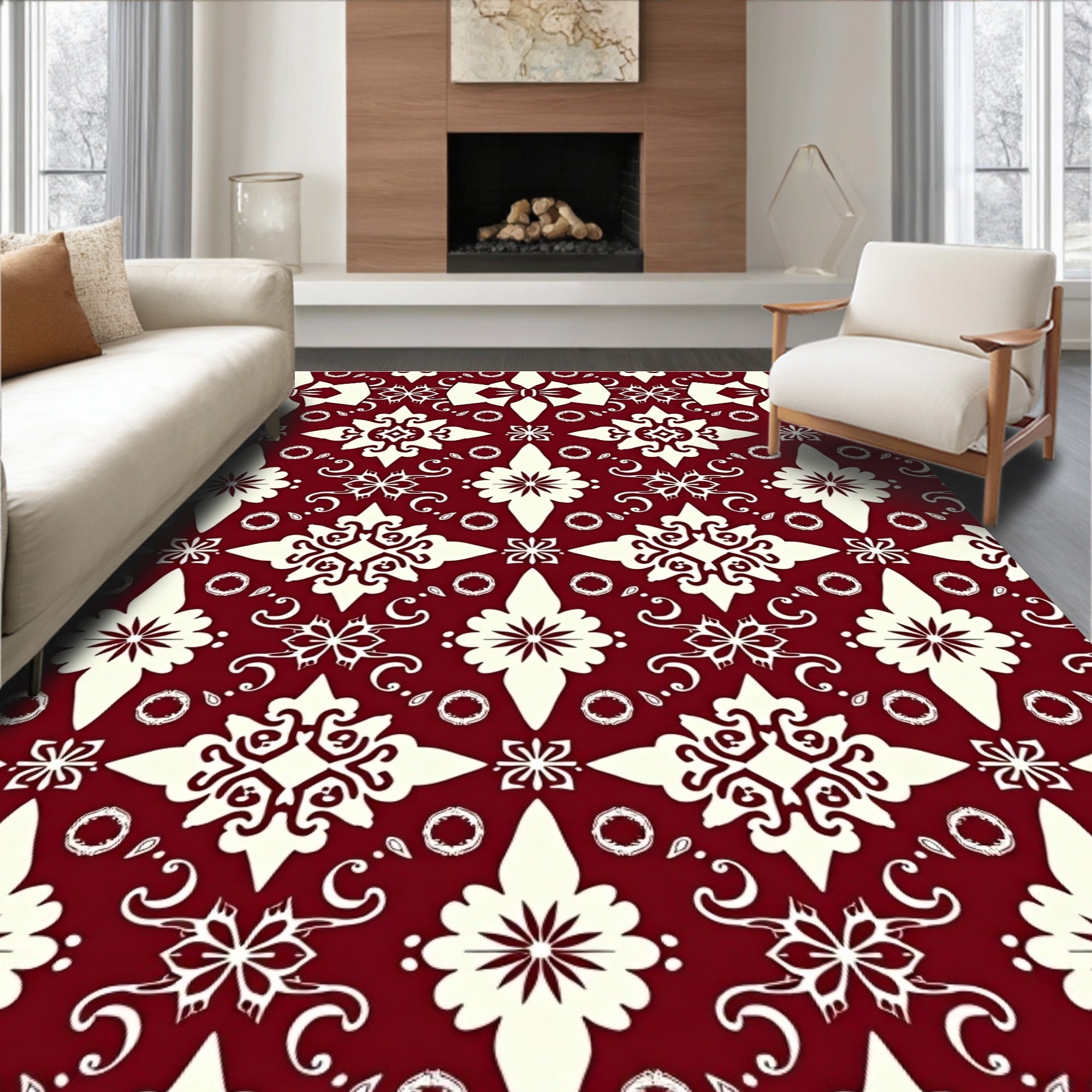 Crimson Cream Floral Medallion Arrangement Rug