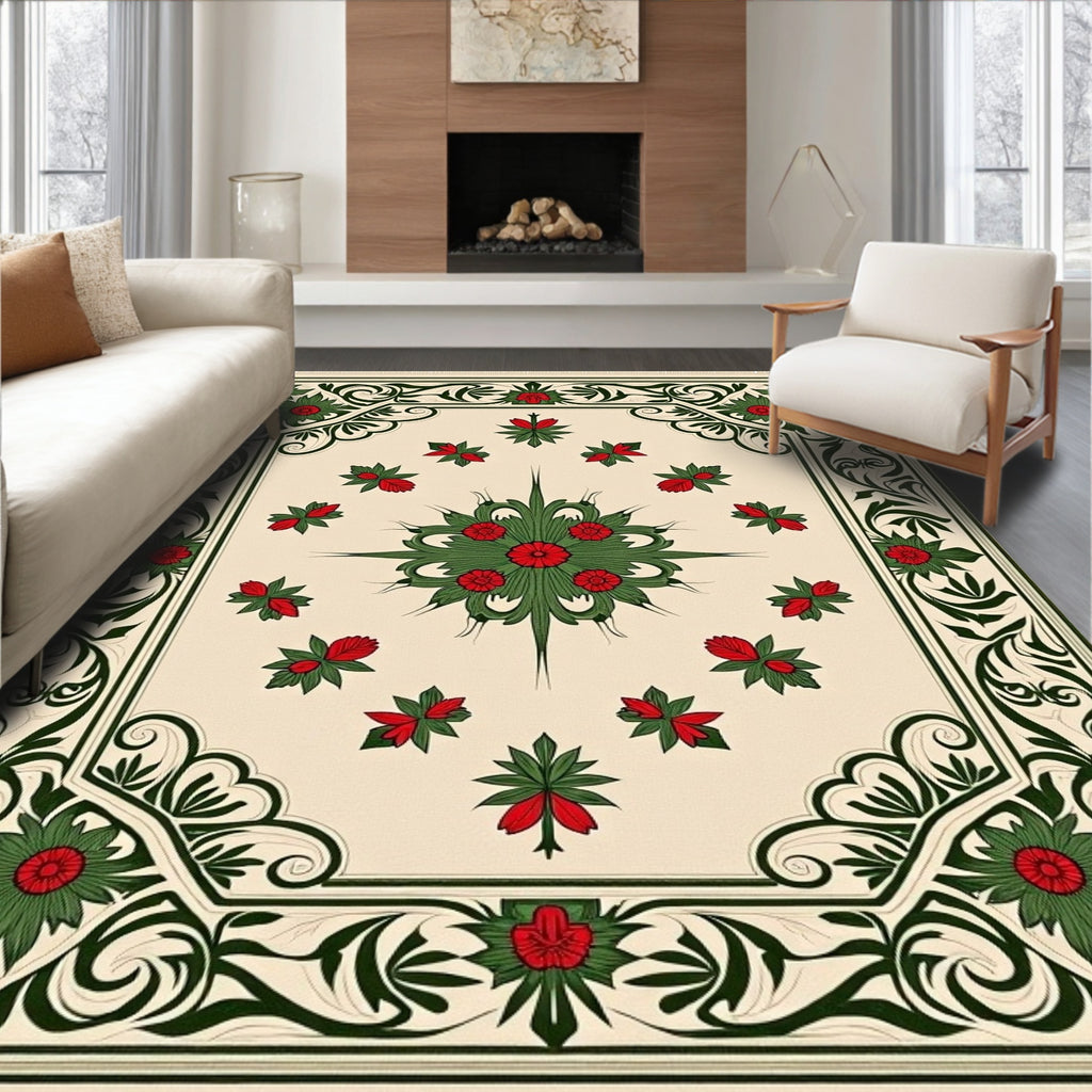 Cream Red Green Floral Scroll Border Rug