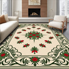 Cream Red Green Floral Scroll Border Rug