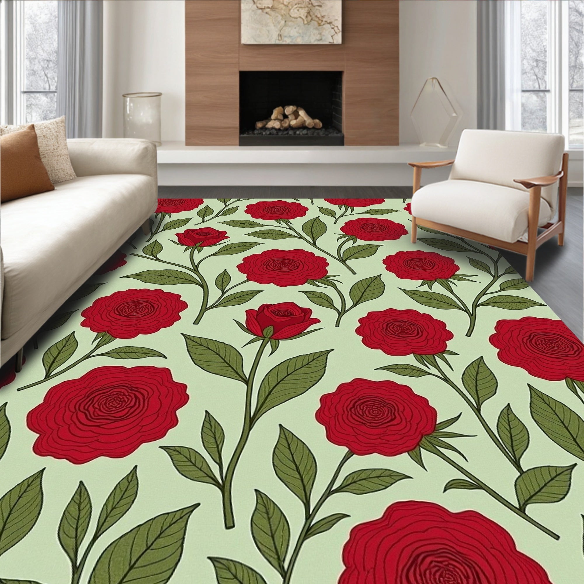 Red Rose Vine Botanical Arrangement Rug