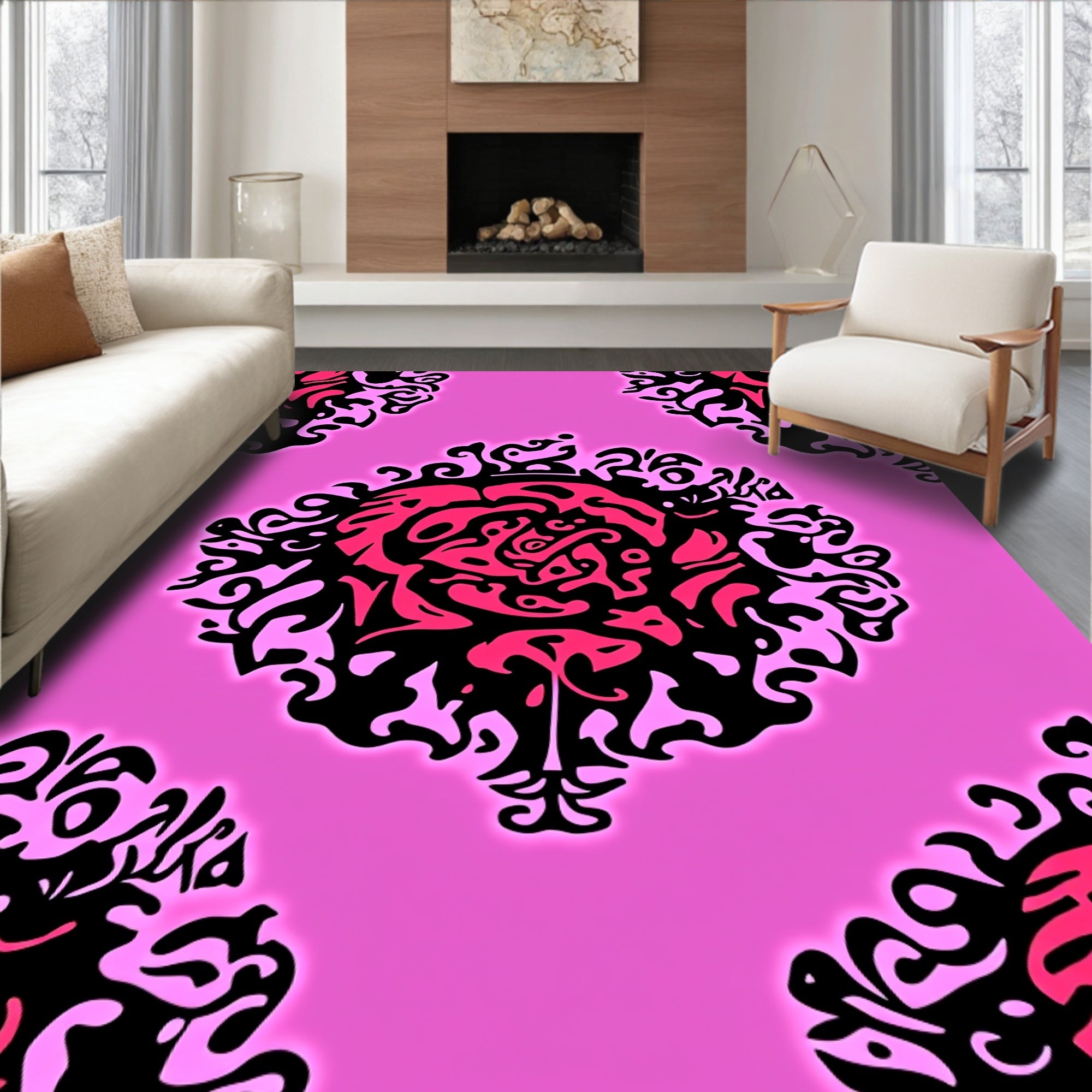 Pink Black Abstract Floral Mandala Rug