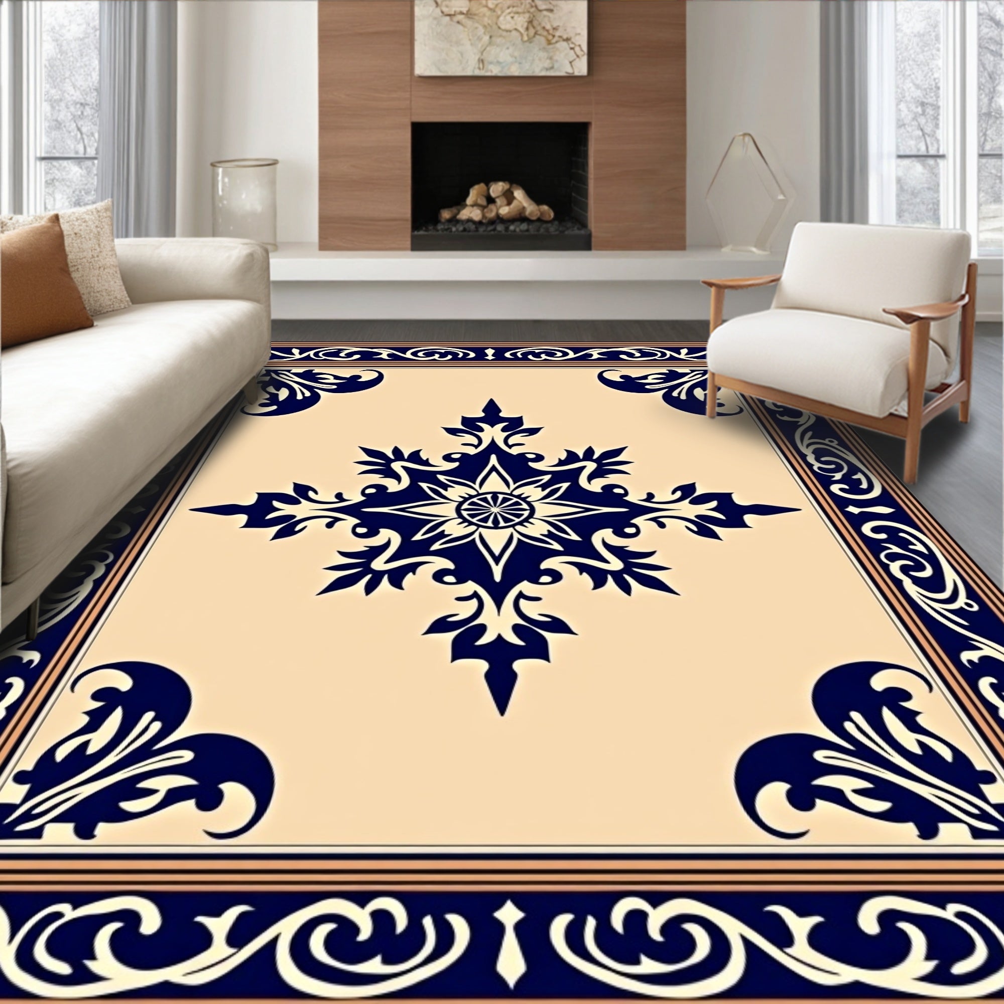 Dark Blue Ornamental Ivory Medallion Rug