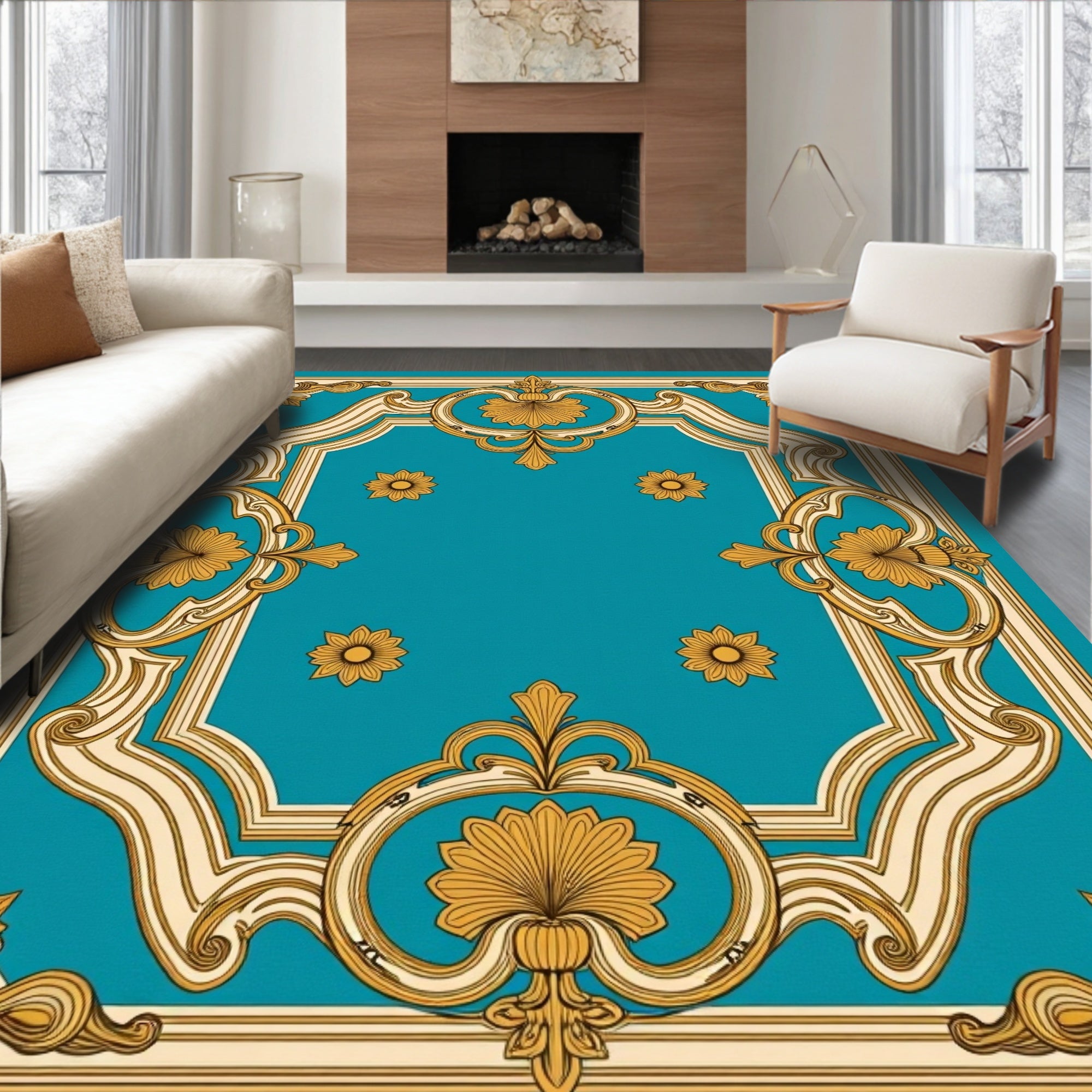 Ornate Turquoise Golden Floral Frame Rug