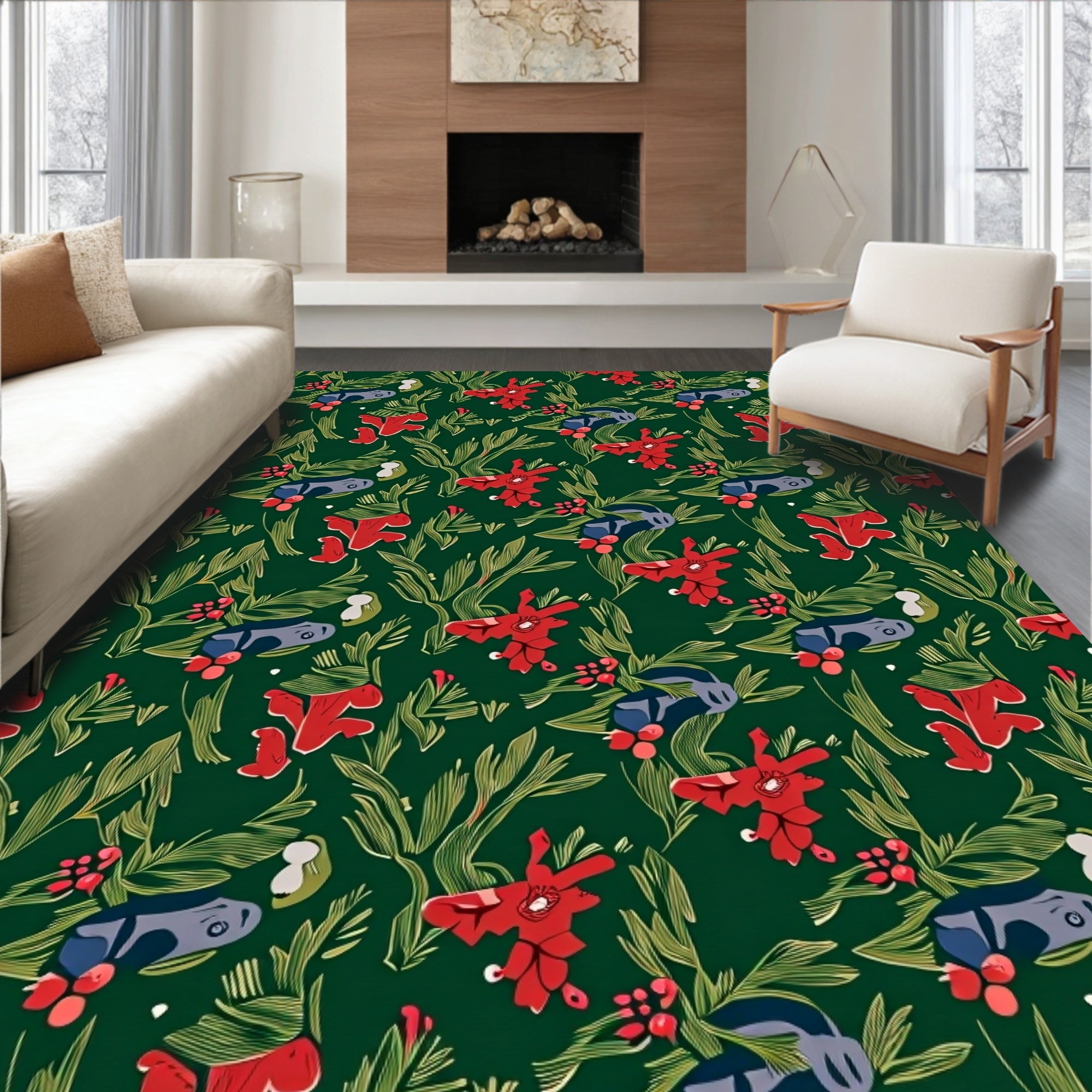 Red Blooming Flowers and Greenery Medley Rug