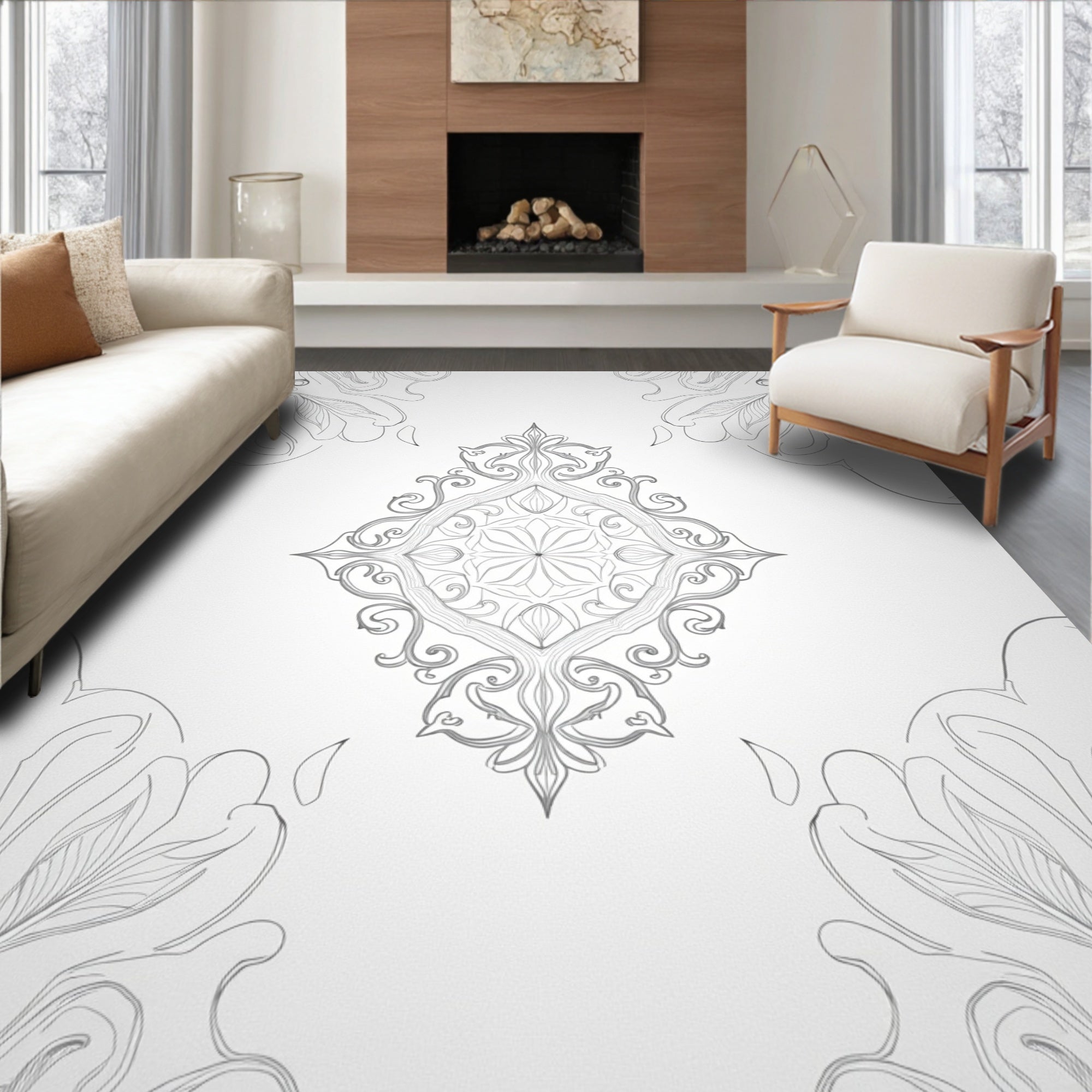 Gray Floral Medallion Mandala Rug