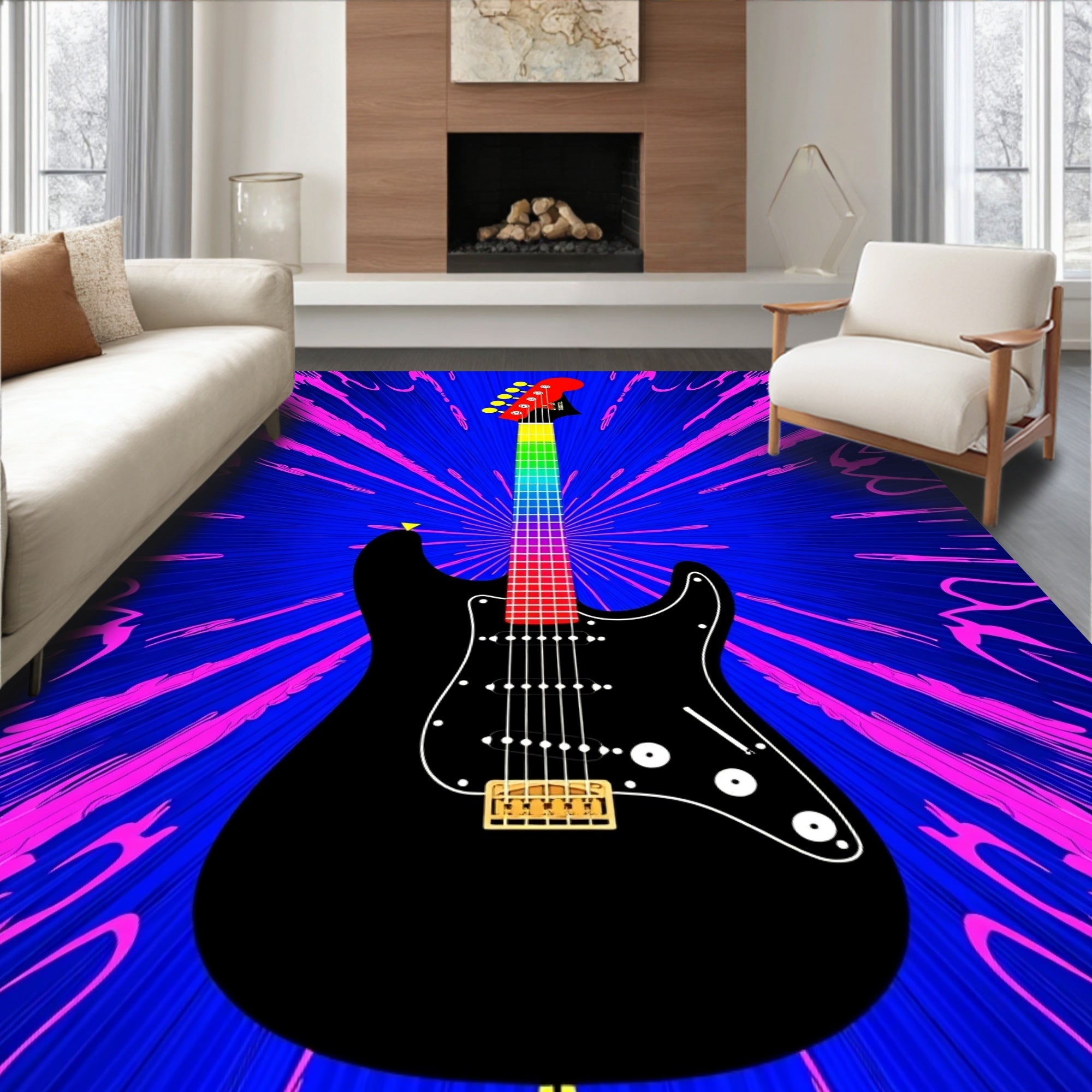 Vibrant Black Rainbow Guitar Burst Rug