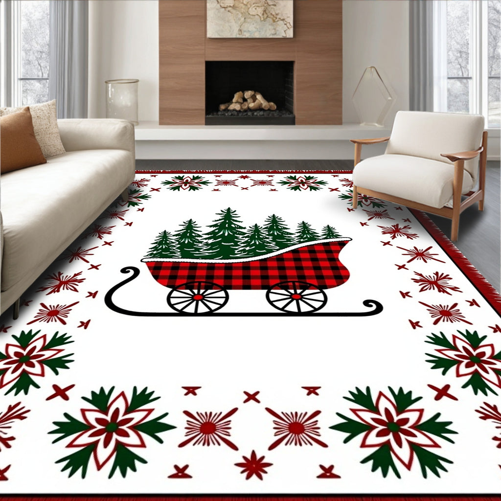 Red Buffalo Plaid Sleigh Evergreen Trees Rug