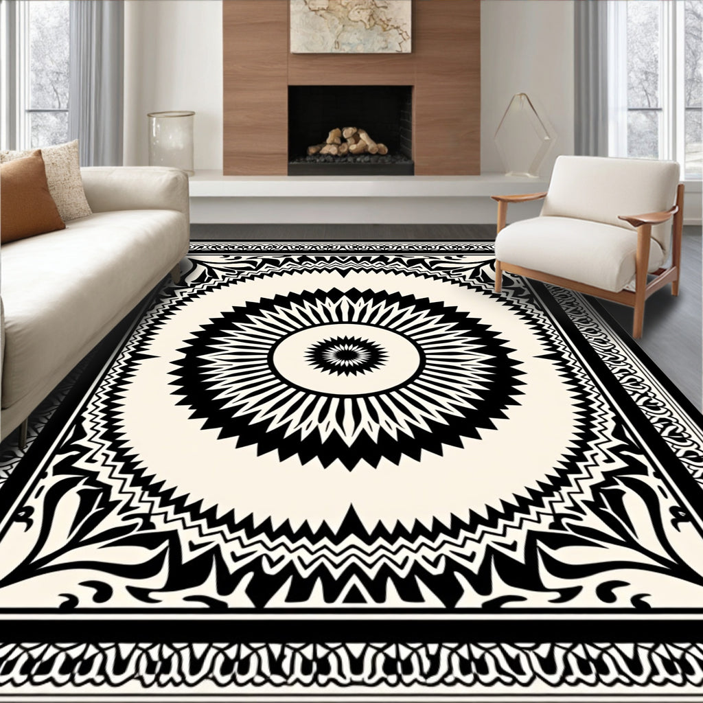 Bold Black Sunburst Mandala Rug
