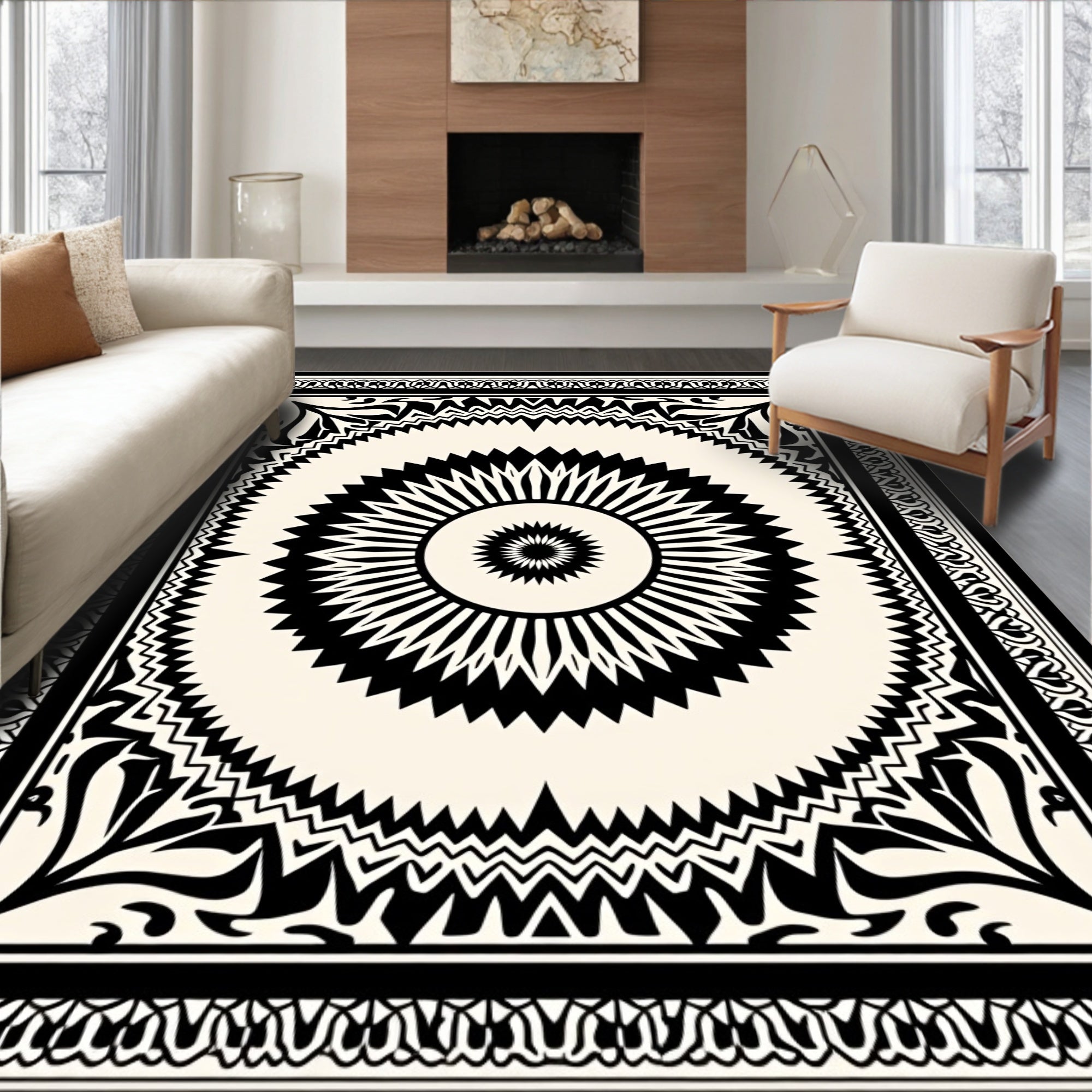Bold Black Sunburst Mandala Rug