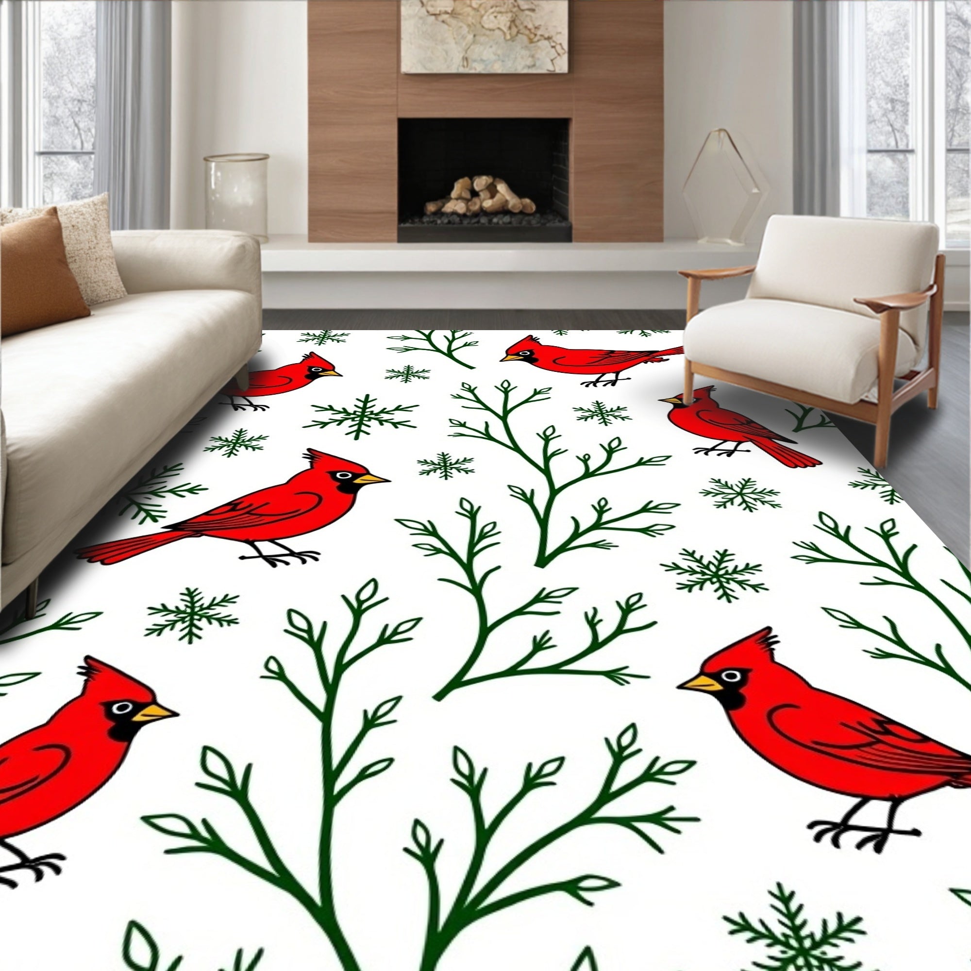Winter Cardinal Snowflake Branch Illustration Rug