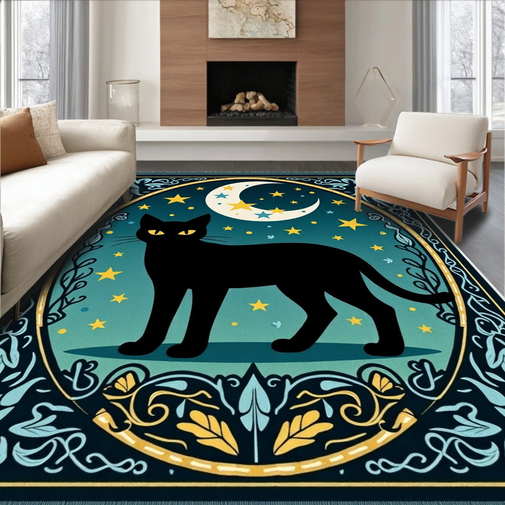 Whimsical Black Cat Moon Stars Rug