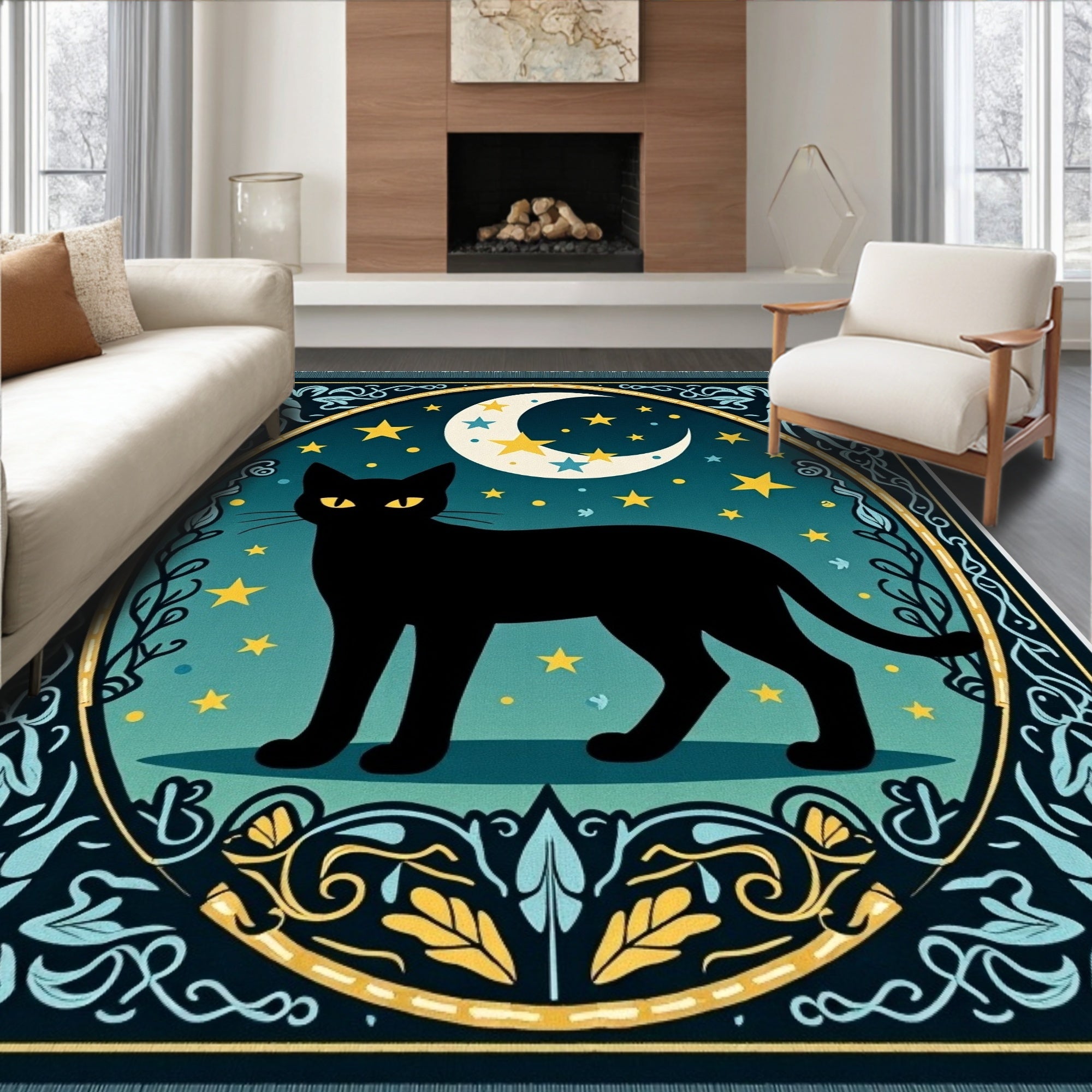 Whimsical Black Cat Moon Stars Rug