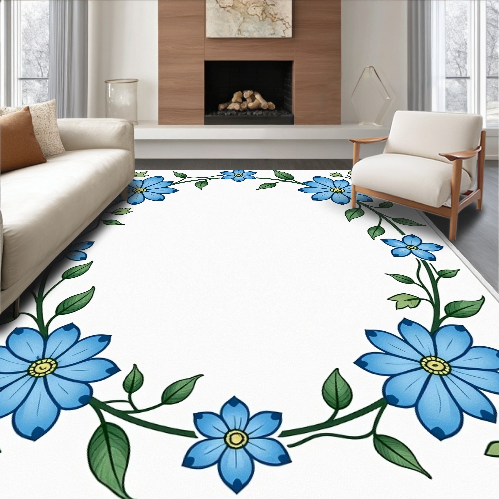 Blue Floral Vine Wreath Rug