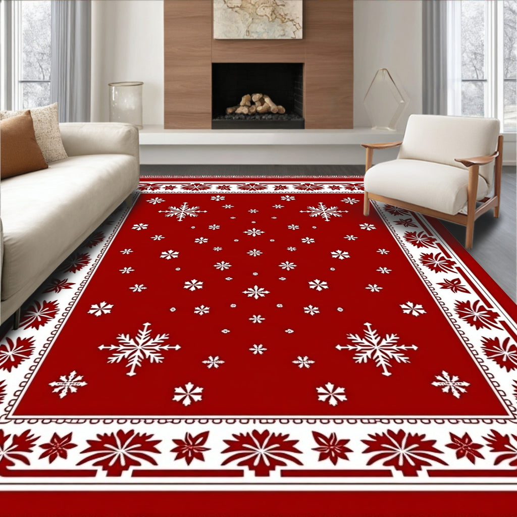 Crimson Snowflakes Geometric Border Rug