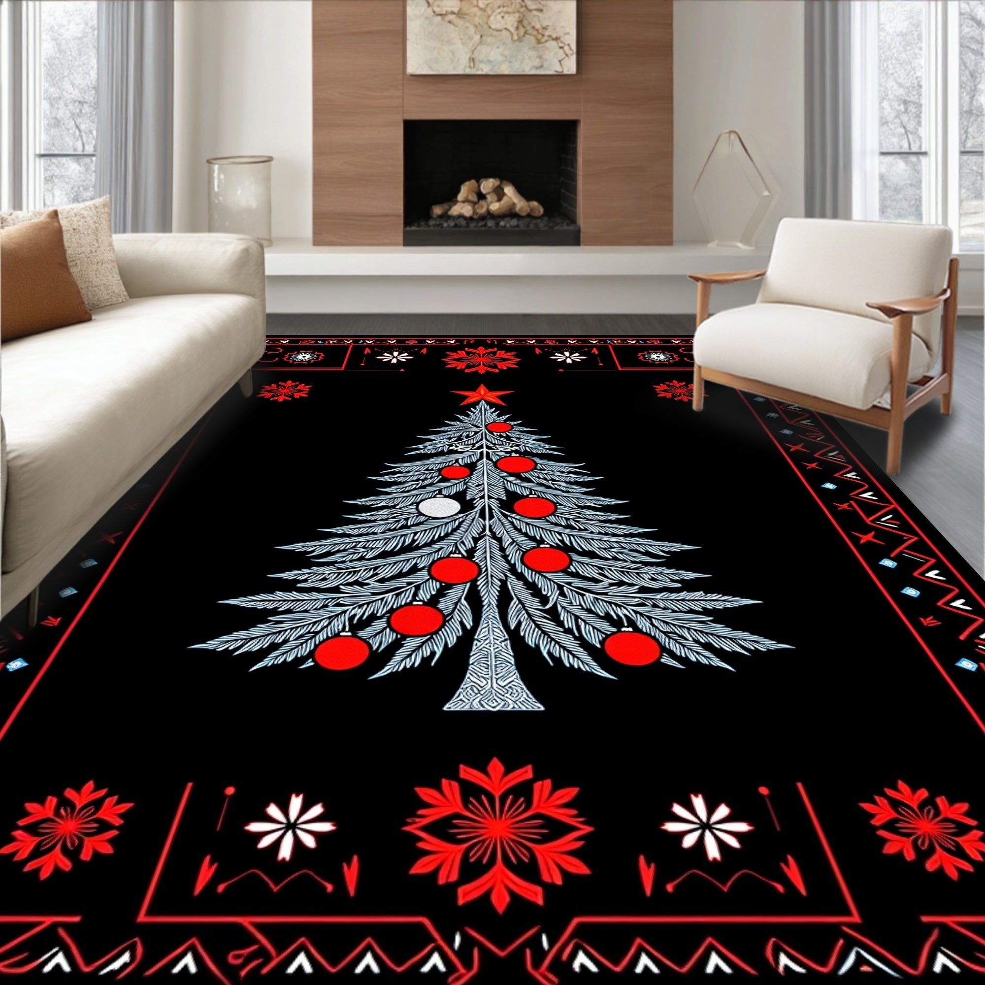 Winter Wonderland Tree Red Borders Rug