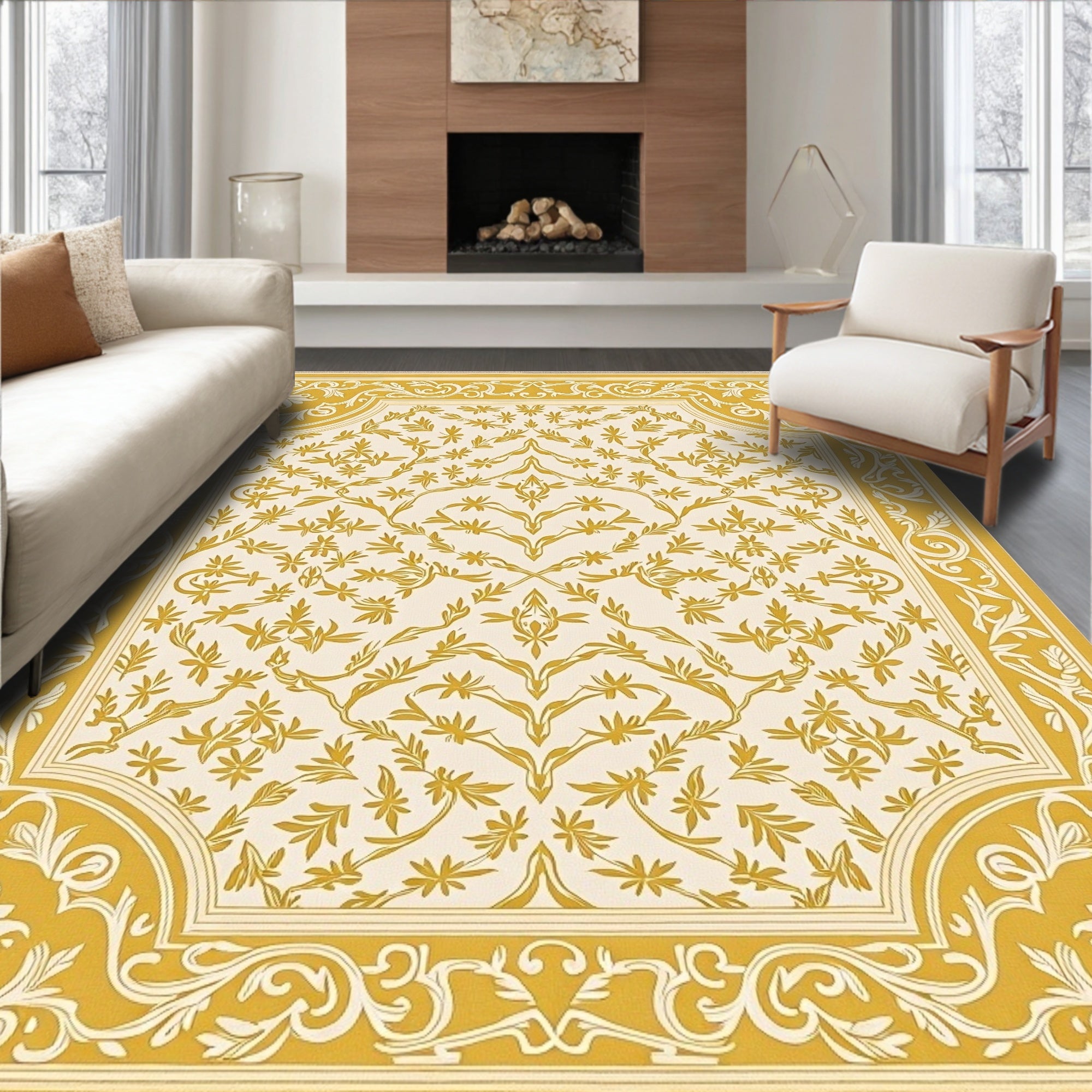 Golden Leaf Scroll Medallion Rug