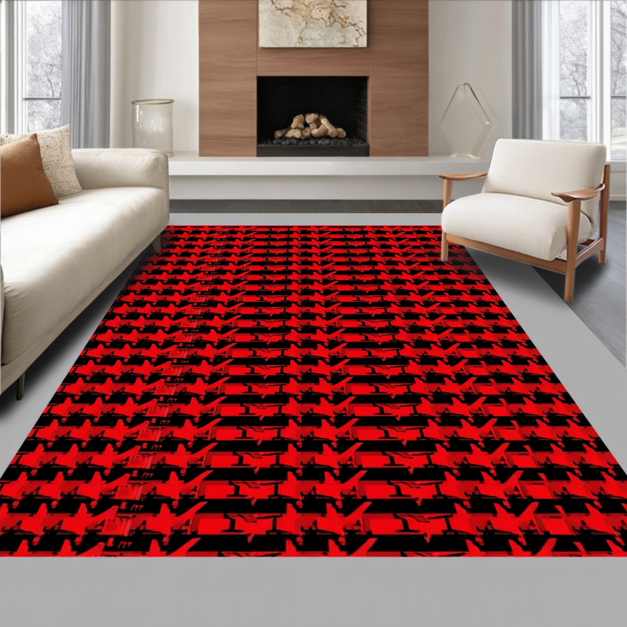 Bold Red Houndstooth Geometric Rug