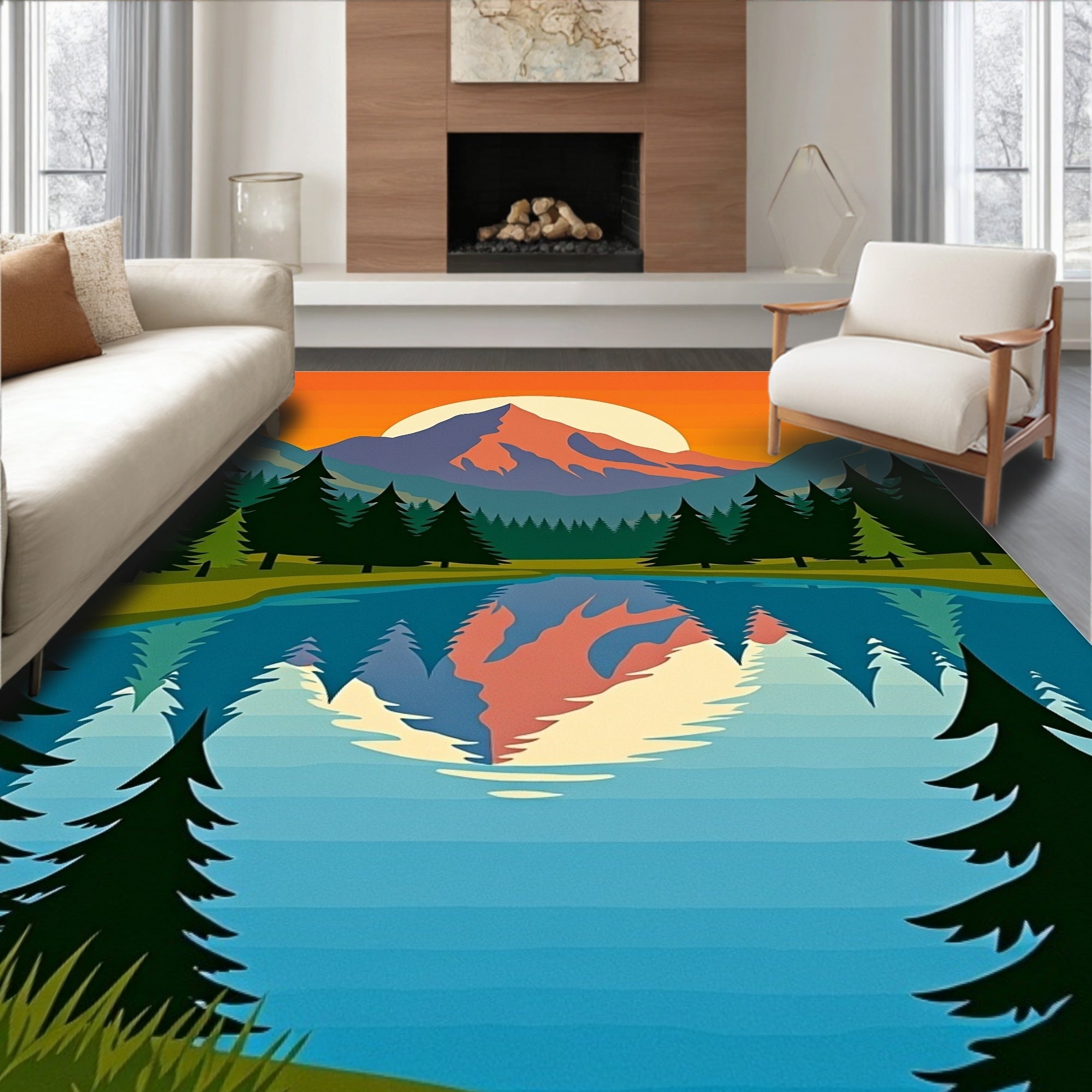 Serene Mountain Lake Sunset Reflection Rug