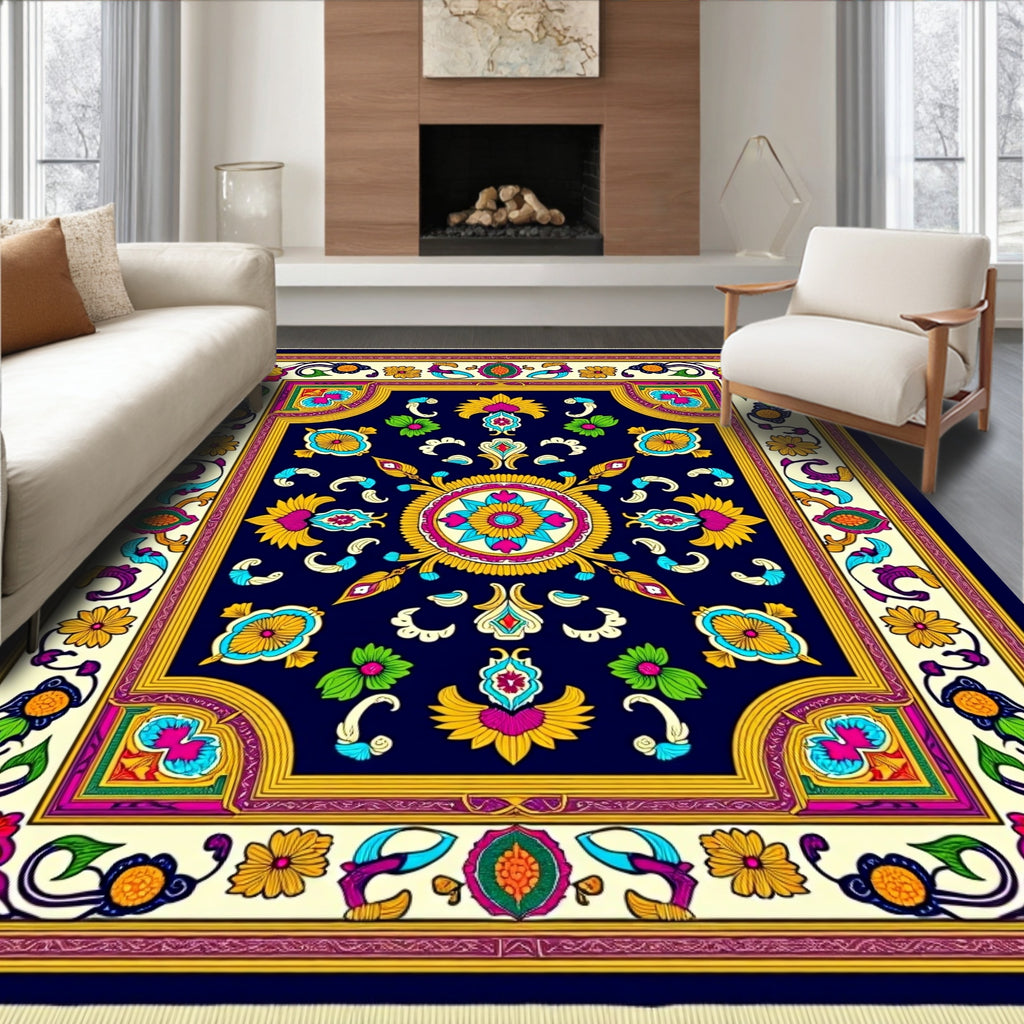 Vibrant Blue Floral Medallion Border Rug