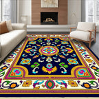 Vibrant Blue Floral Medallion Border Rug