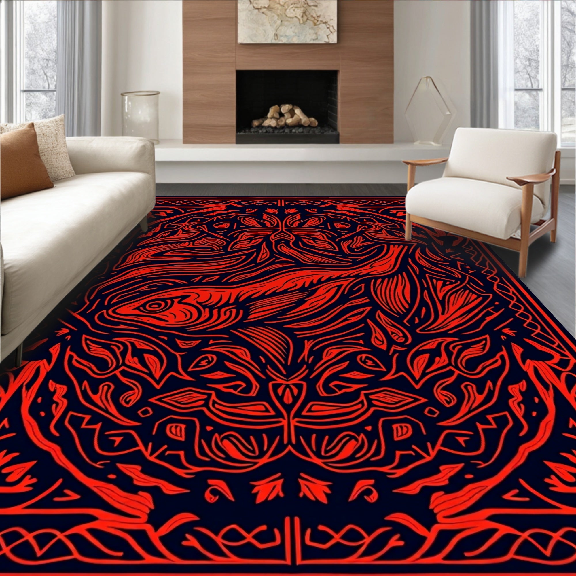 Crimson Koi Fish Oceanic Border Rug