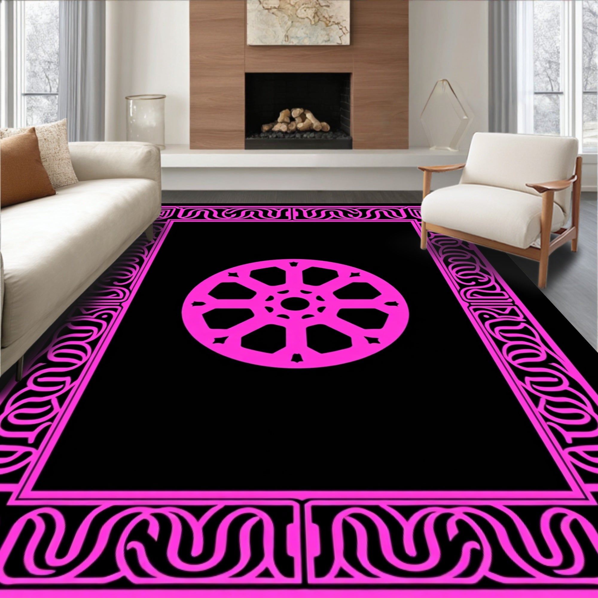 Vibrant Pink Geometric Circular Frame Rug