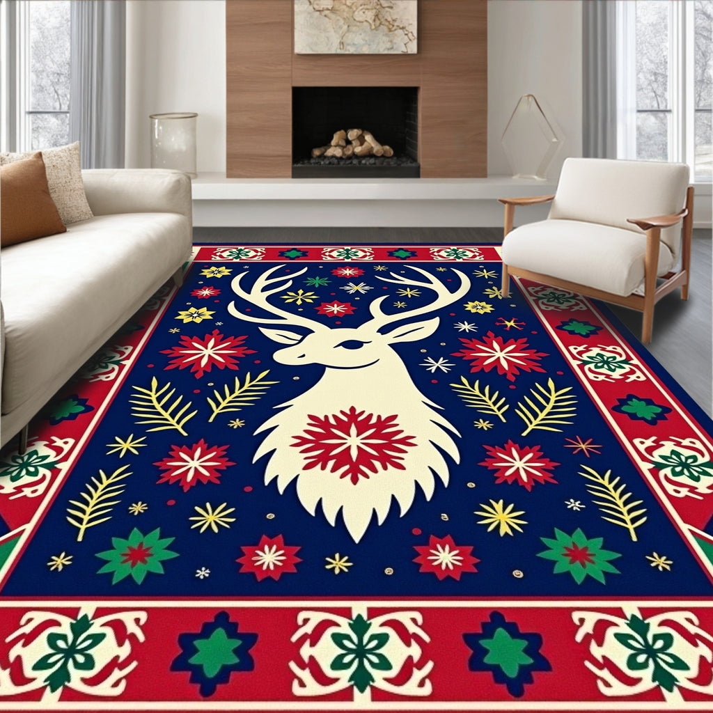 Festive Reindeer Snowflake Border Rug