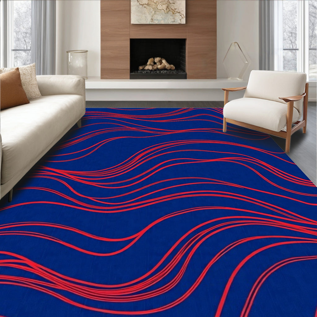 Deep Blue Red Wavy Lines Rug