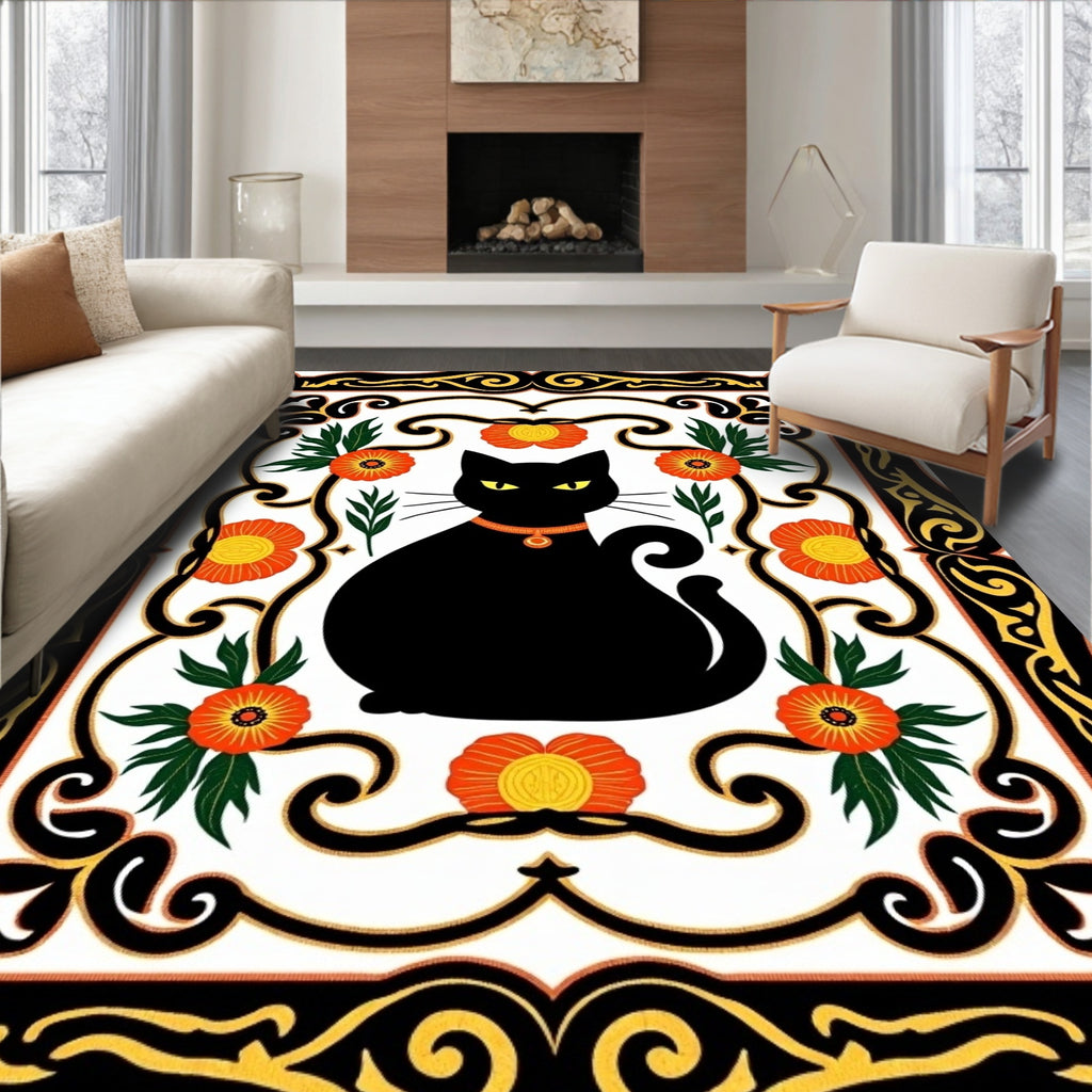 Black Cat Orange Floral Border Rug