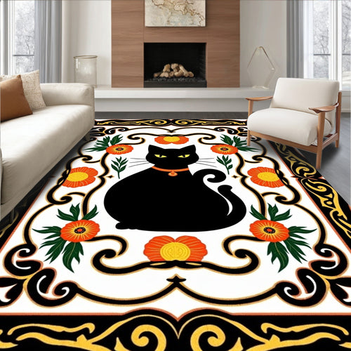 Black Cat Orange Floral Border Rug