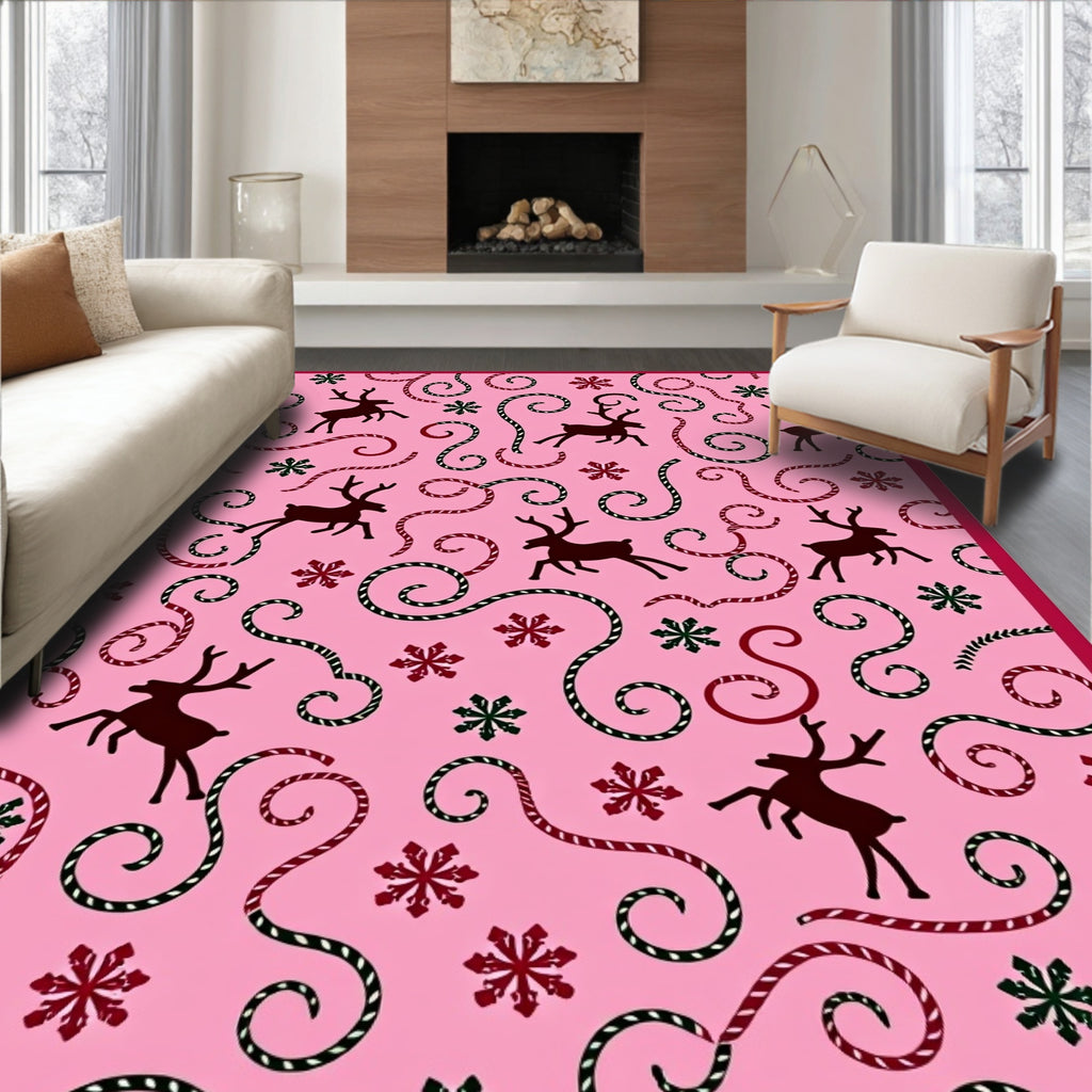 Pink Reindeer Swirl Snowflake Rug