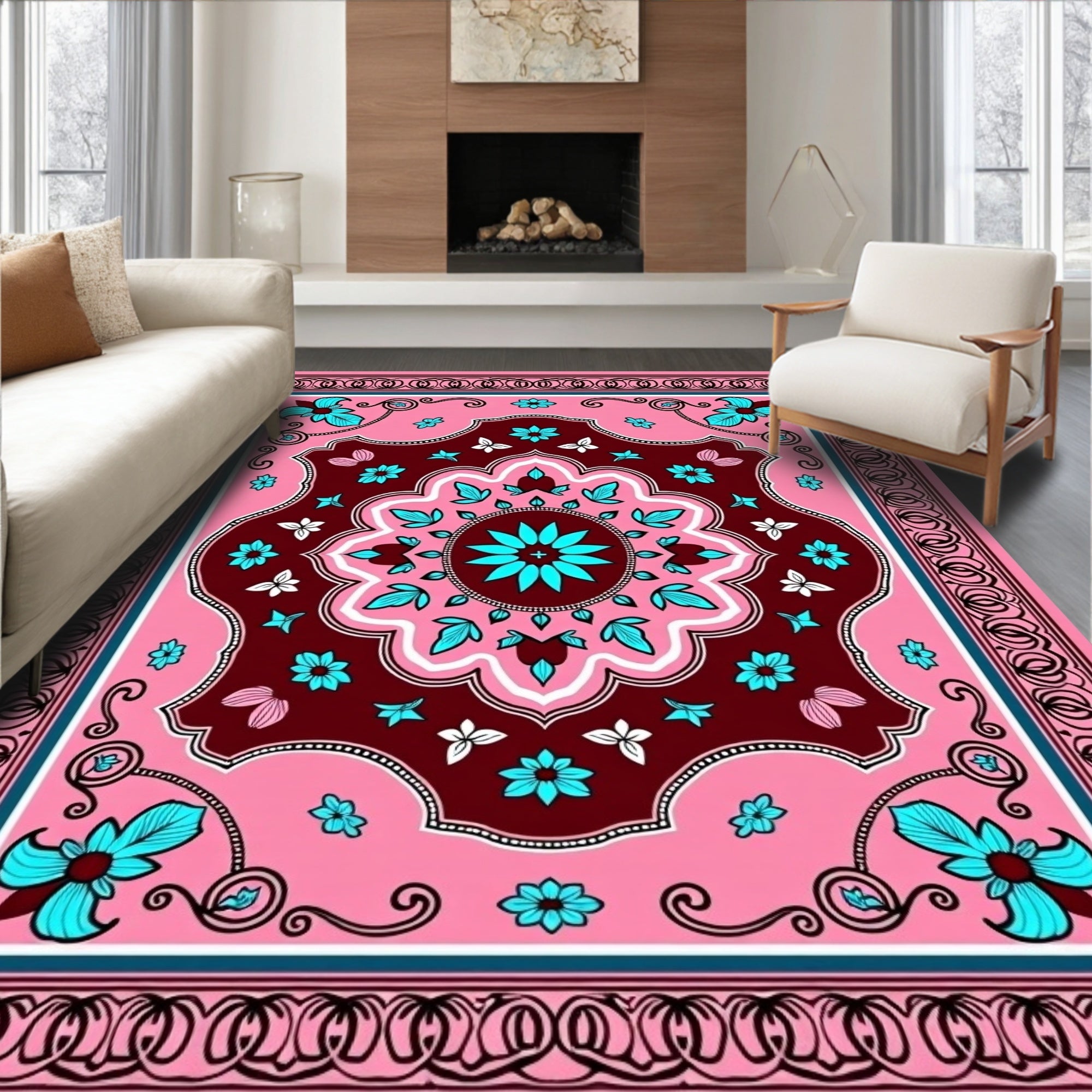 Pink Teal Floral Medallion Border Rug