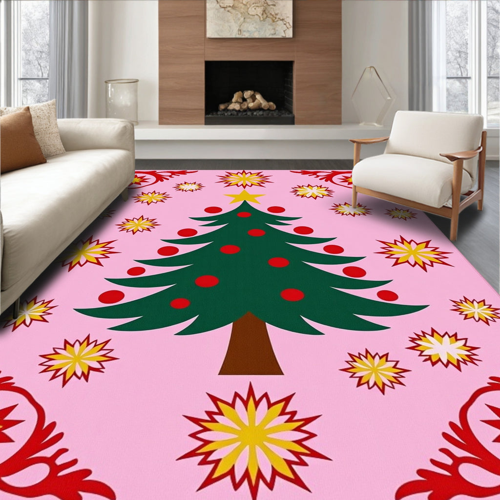 Festive Pink Christmas Tree Starburst Rug