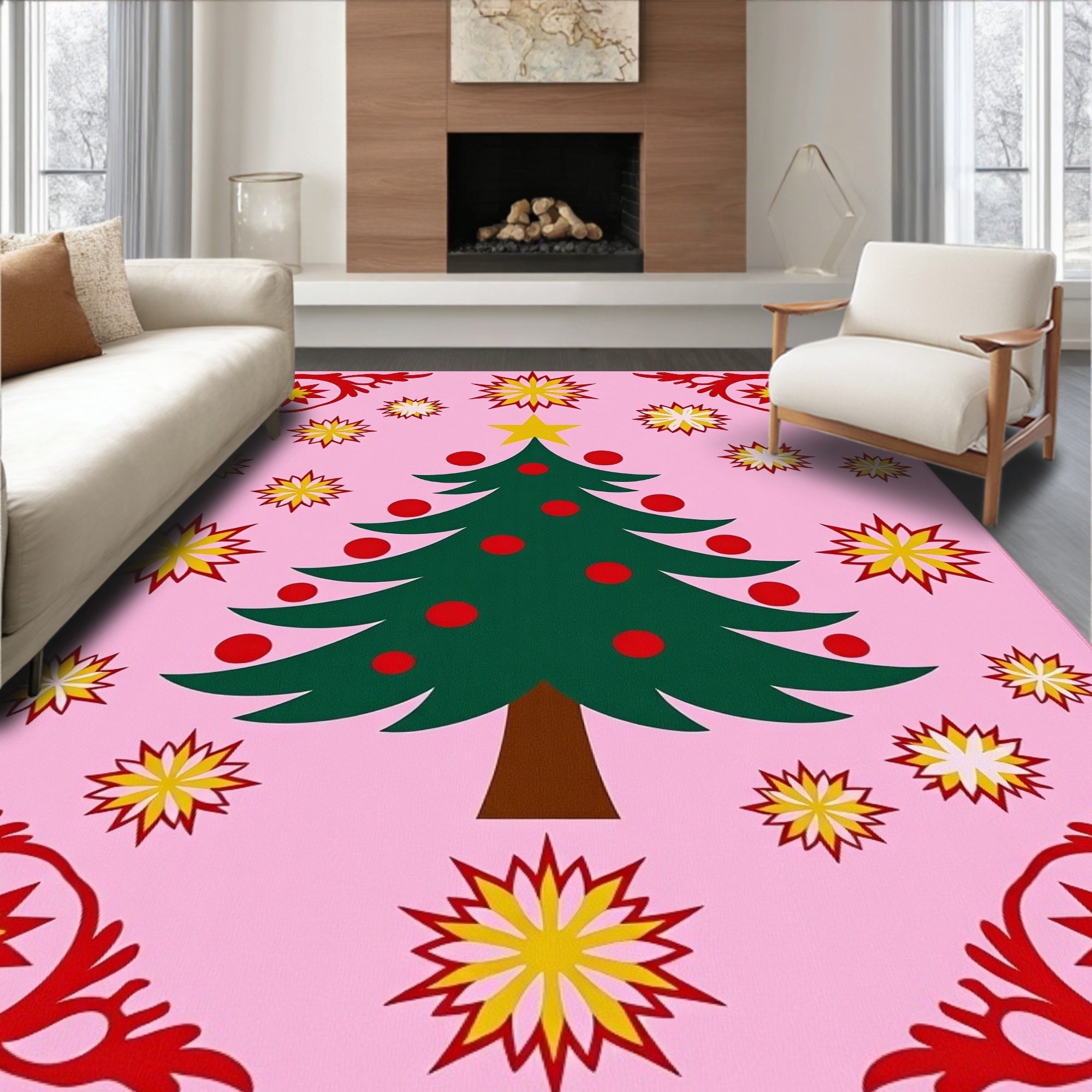 Festive Pink Christmas Tree Starburst Rug