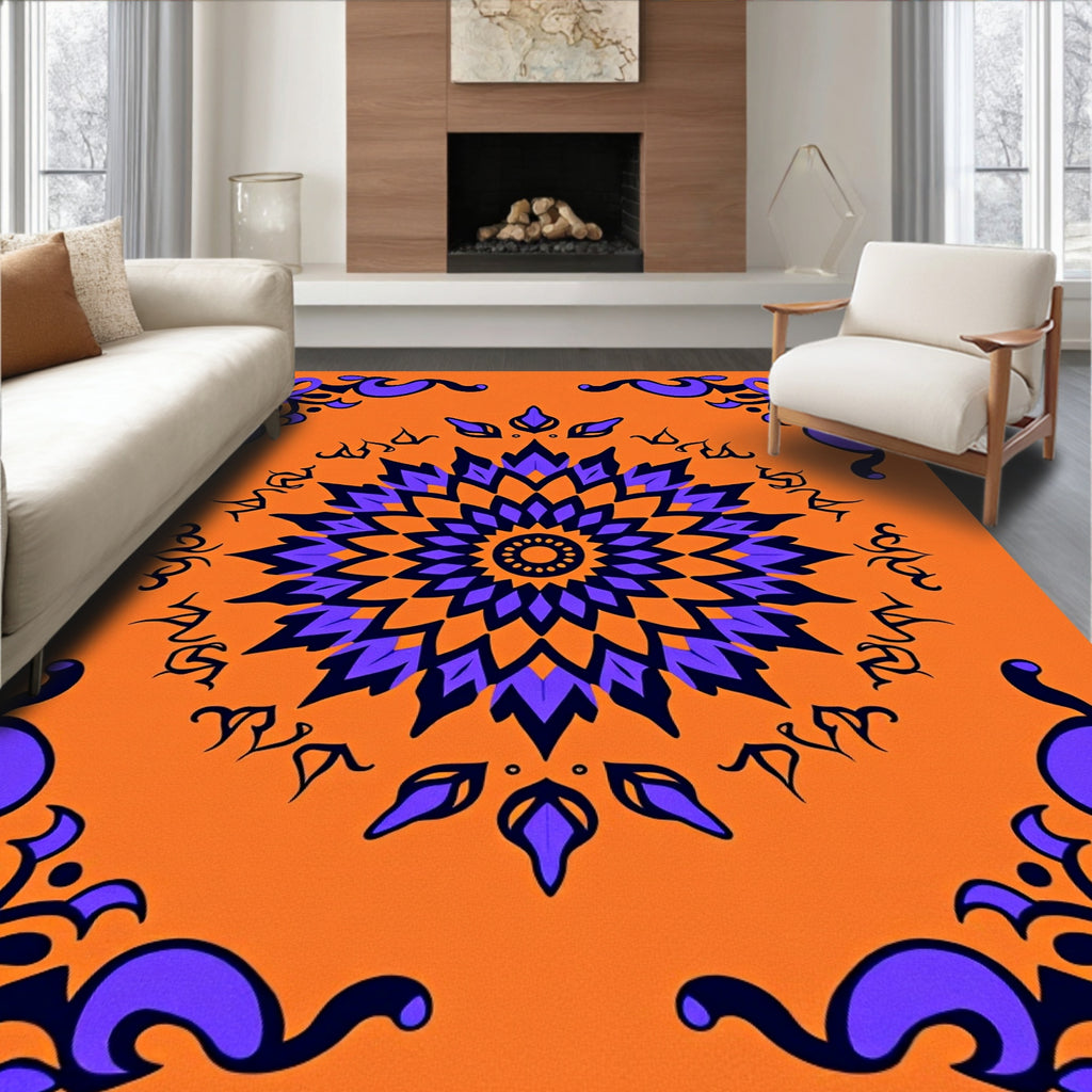 Vibrant Orange Violet Medallion Swirls Rug