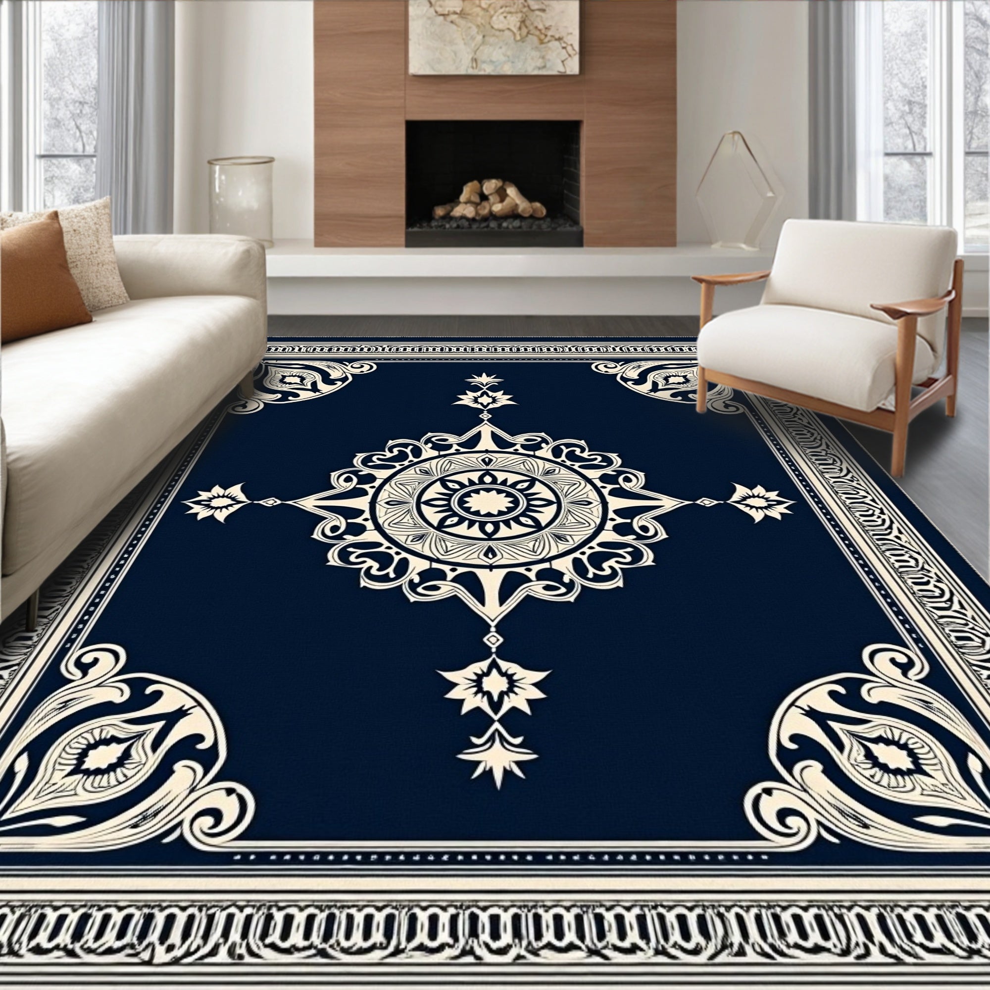 Navy Cream Ornate Medallion Border Rug