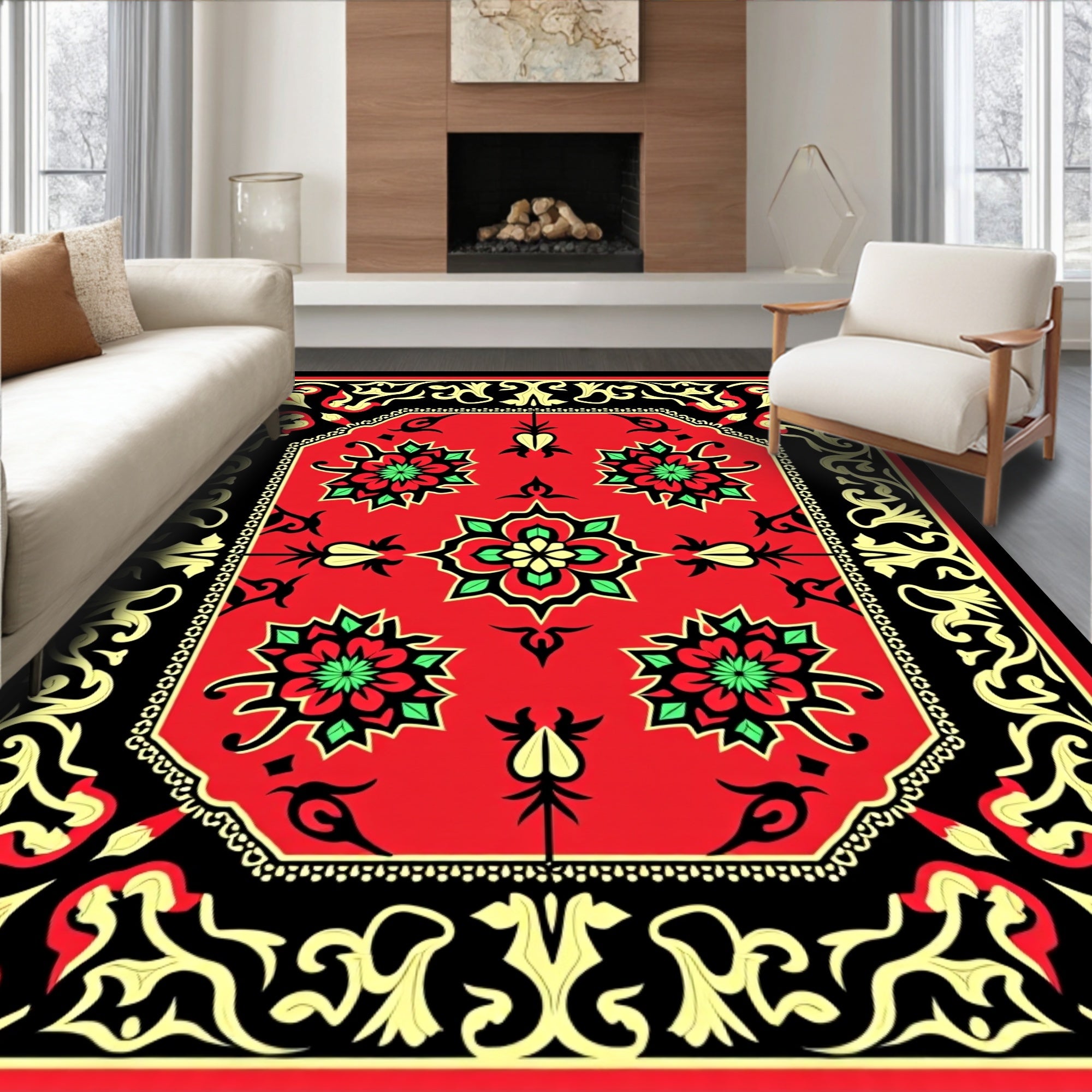Crimson Red Floral Accents Black Border Rug