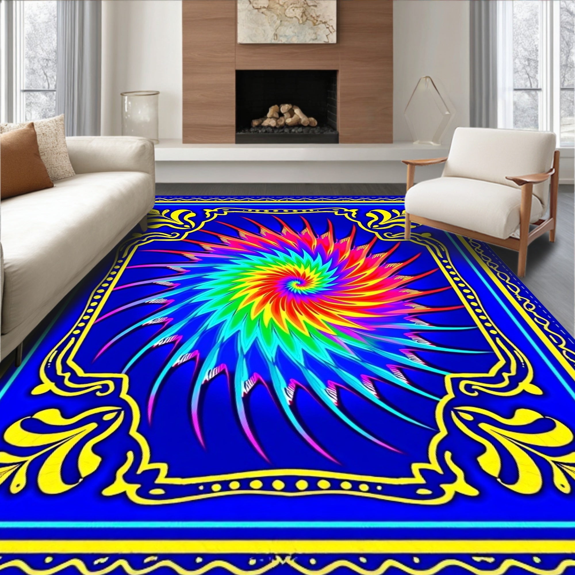 Vibrant Rainbow Spiral Swirl Rug