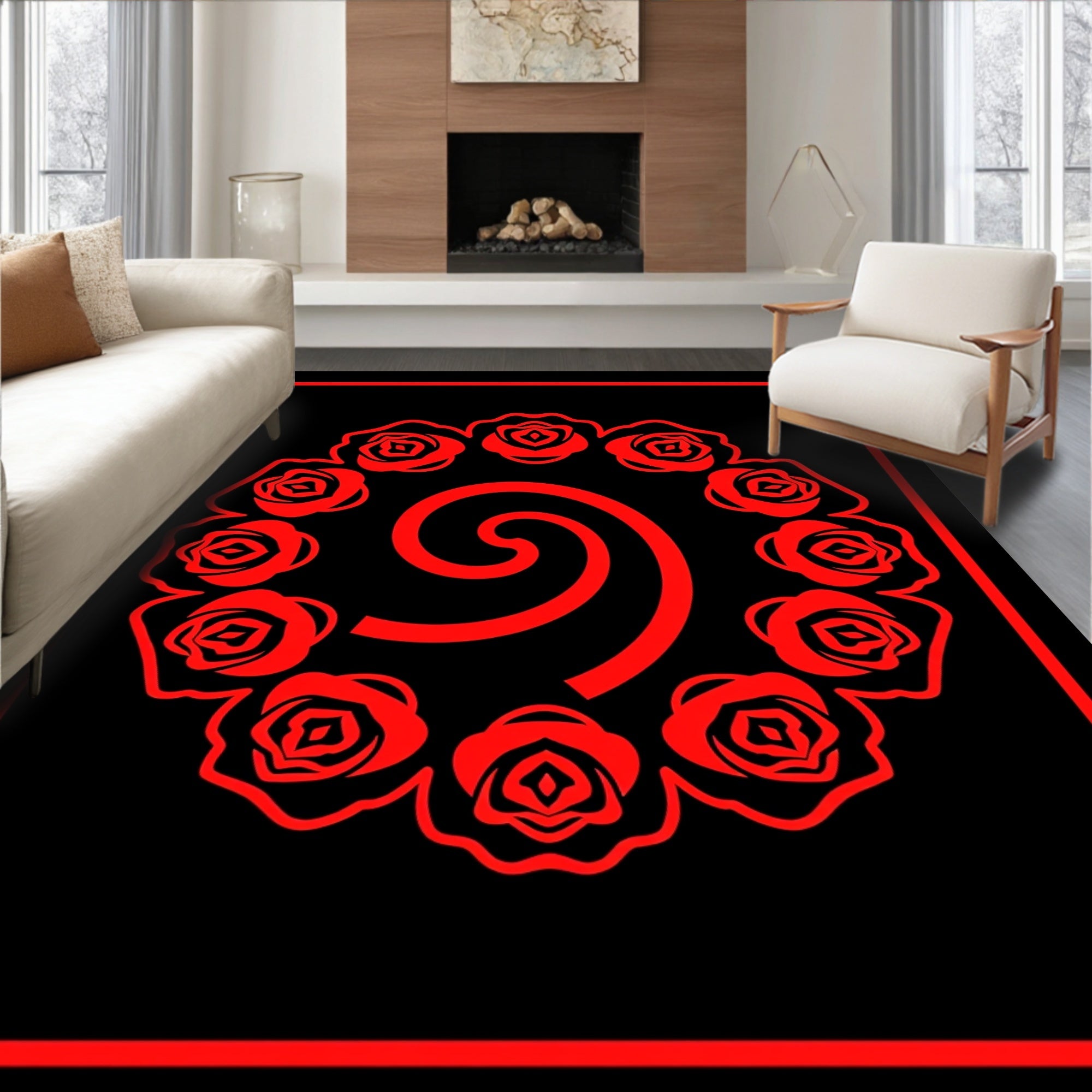 Bold Red Rose Swirl Mandala Rug