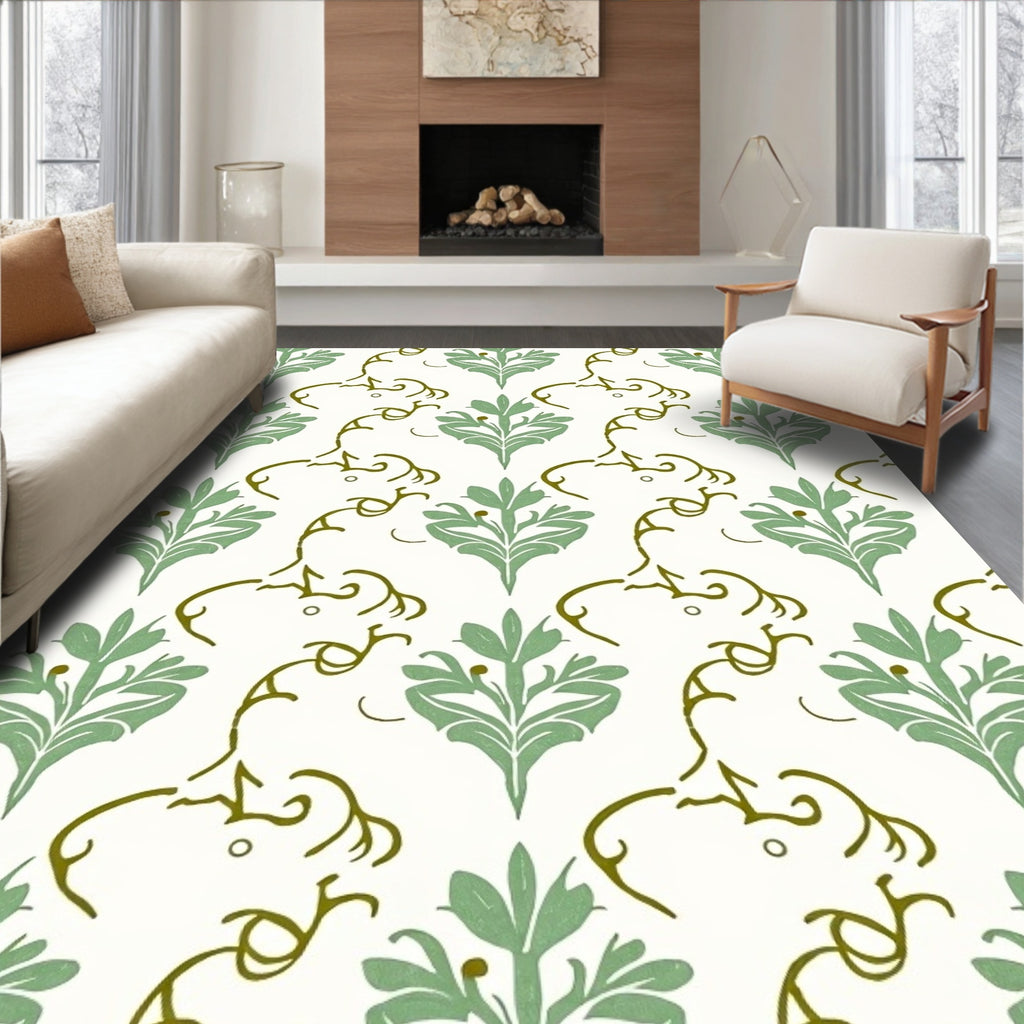 Sage Green Floral Vine Damask Rug
