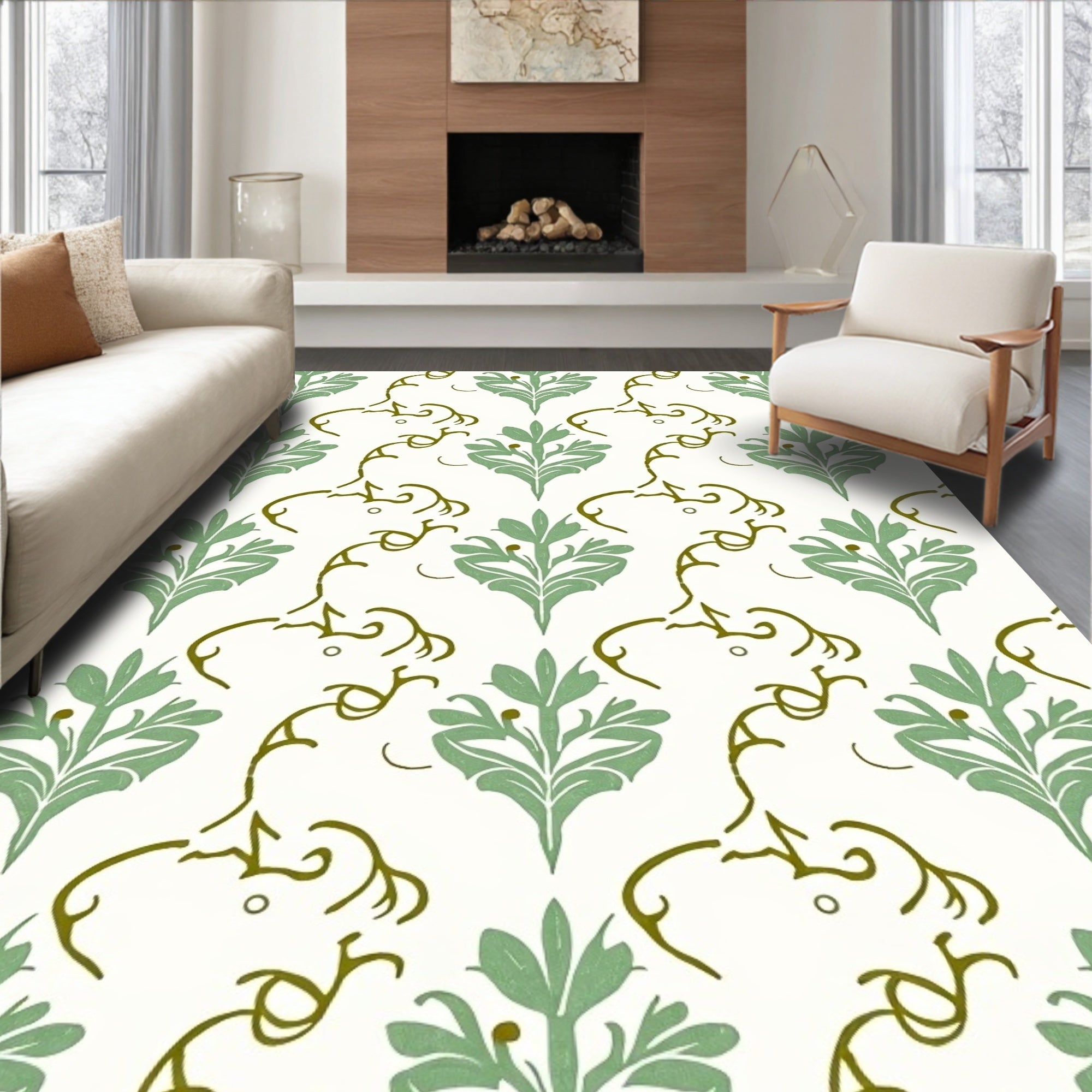 Sage Green Floral Vine Damask Rug