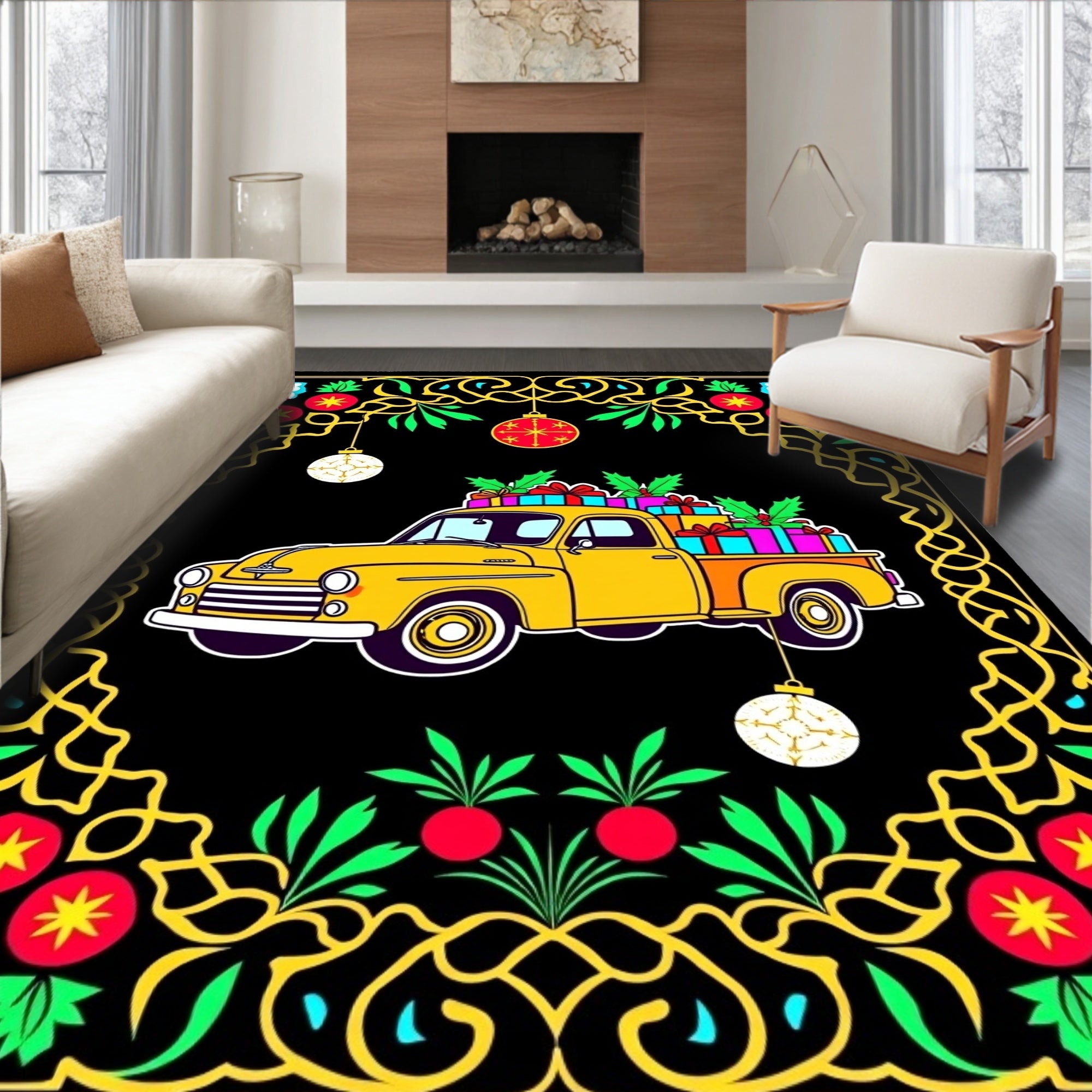 Yellow Truck Floral Holiday Christmas Rug