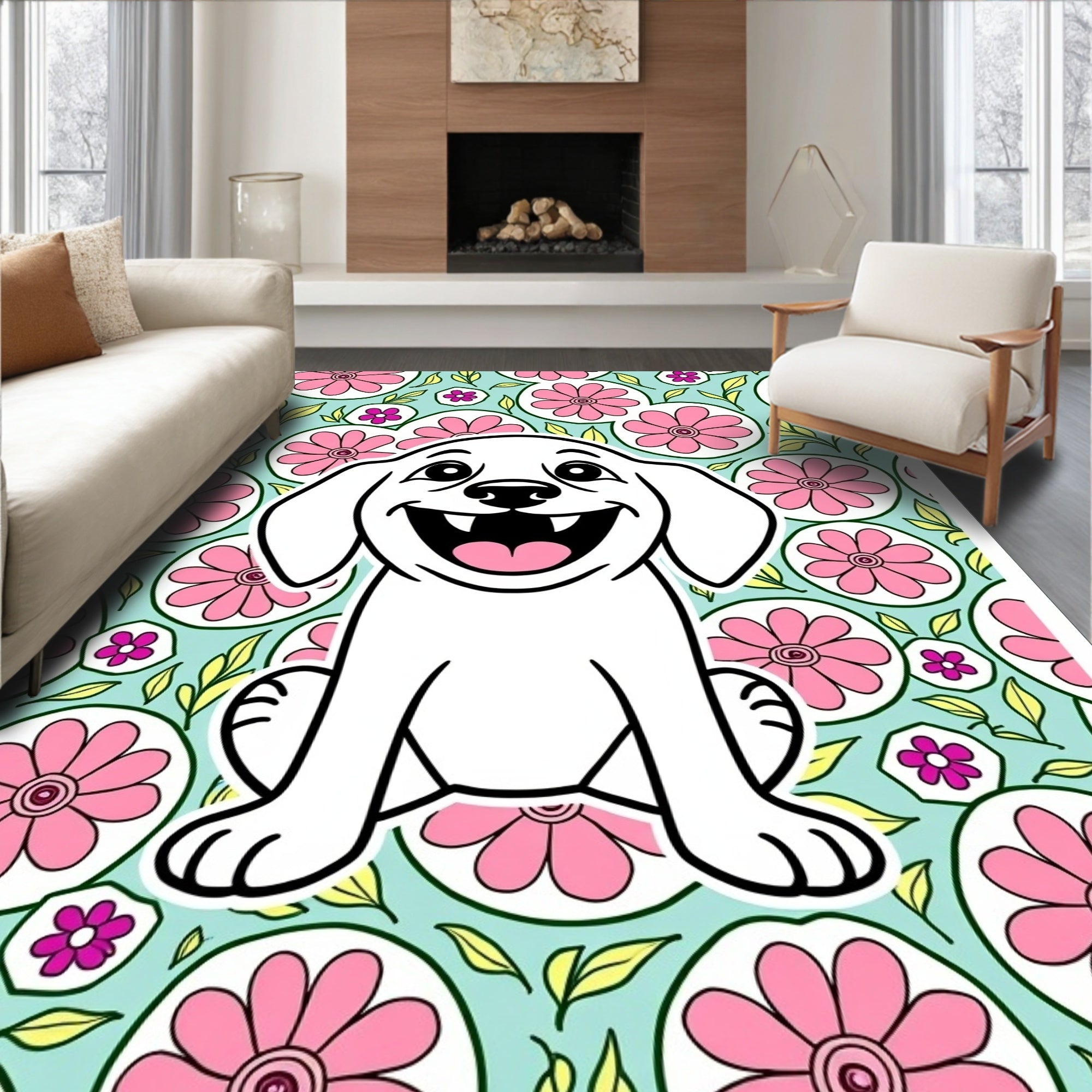 Happy White Puppy Floral Medallion Rug
