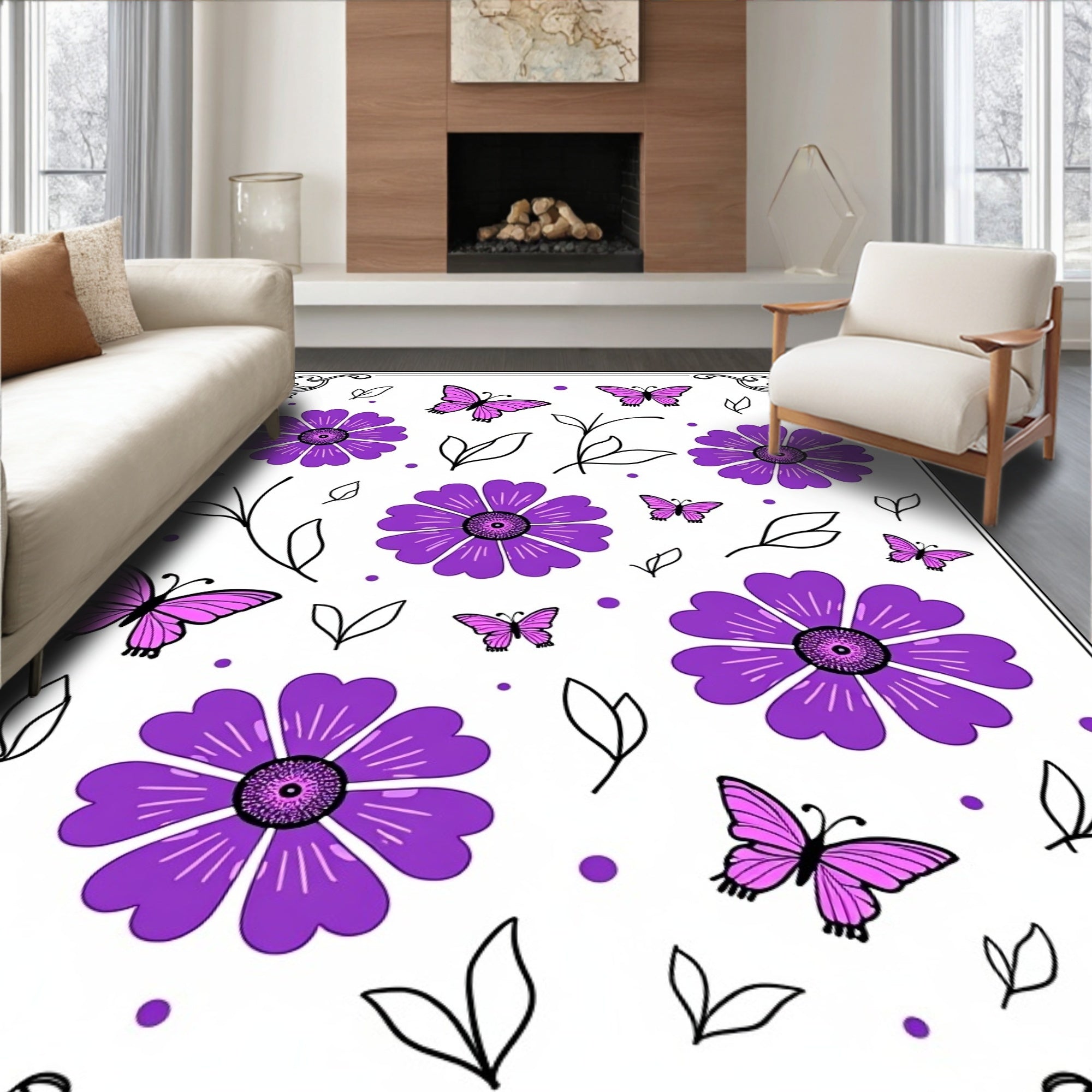 Purple Butterflies and Flowers Garden Rug