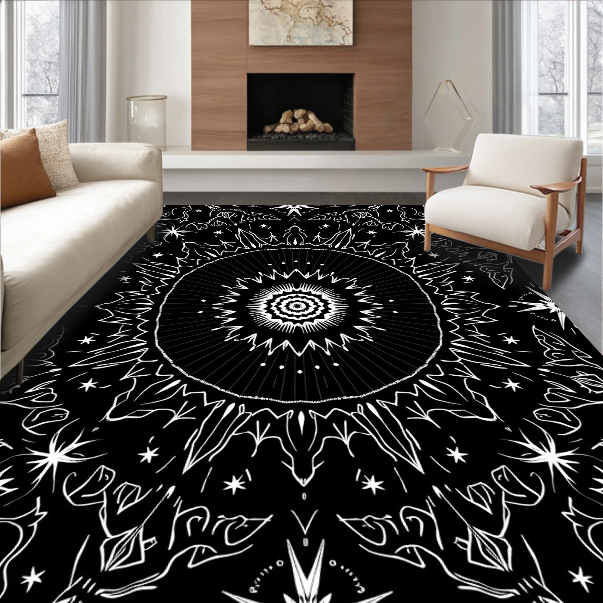 Monochromatic Abstract Starburst Mandala Rug